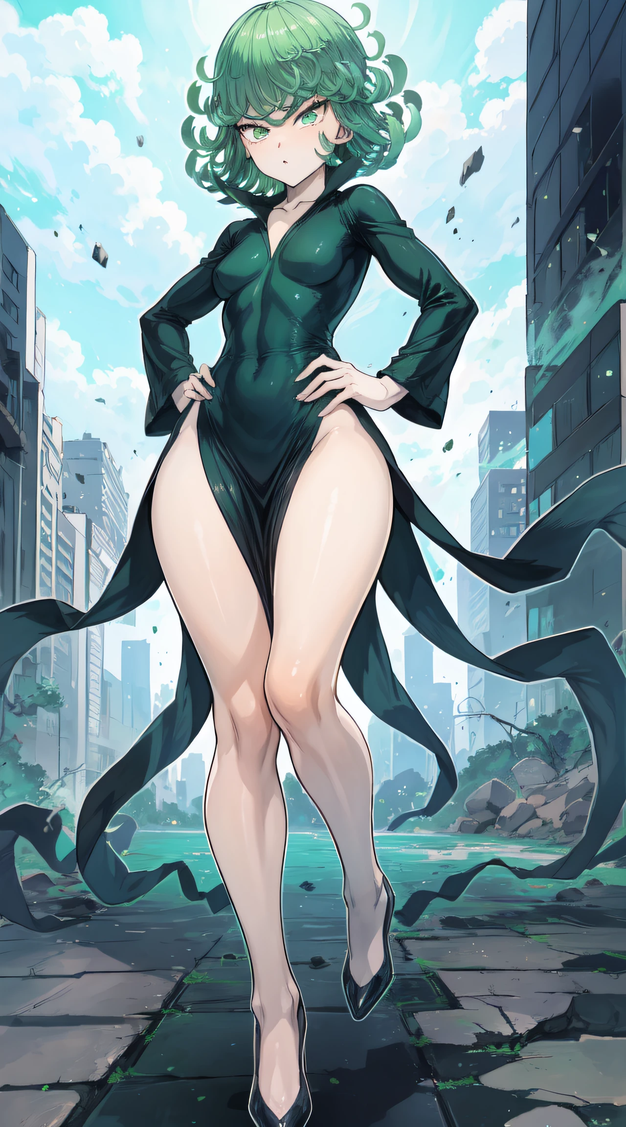 Tatsumaki of a punch man, short green hair, green eyes, medium chest, full body view, ((wearing a black torn V-neck dress with long sleeves and four high-cut leg slits)), angry, Standing at a destroyed city, dynamic pose, Dynamic vision, hands on hips, ((muscular legs))