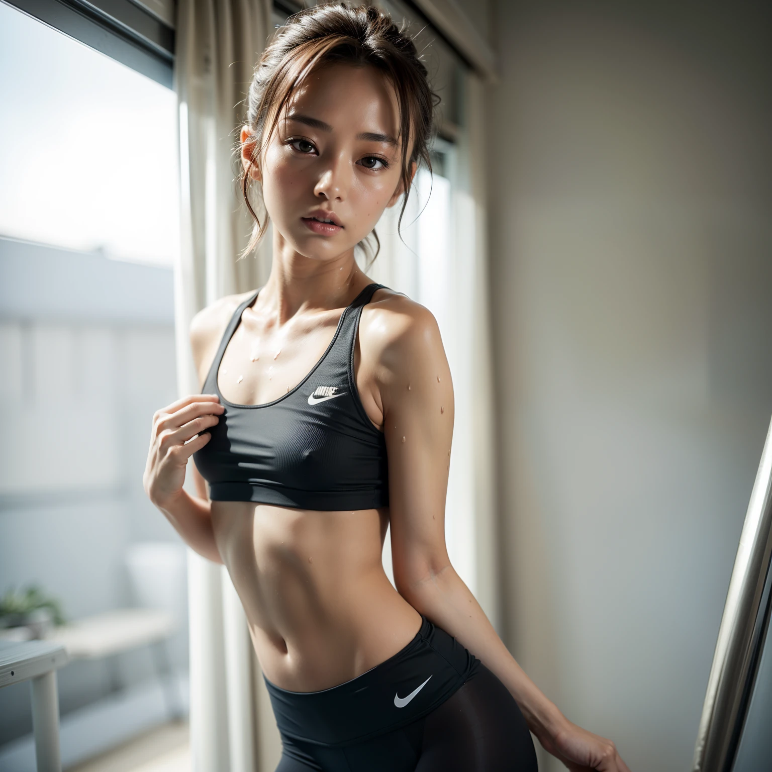 (solo), (a detailed full body RAW photo of a girl), (masterpiece:1.0), (best quality:1.4), (ultra highres:1.2), (photorealistic:1.4), 8k resolution, Canon EOS R5, 30mm, absurdres, ultra detailed, (30year old), sharp focus, cinematic lighting, detailed beautiful face, (no make up:1.2), (ulzzang-6500-v1.1), petite figure, detailed skin texture, flat chest, (skinny and fit body:1.6), detailed brown hair, sweltering,(very short hair:1.5), very thin see-through wear, (very small and simple and fit nike athletic wear with spandex half tihgts:1.5), low rise, realistic glistening skin, (sweating:1.45), detailed nipples texture, (aya ueto:1.5), dynamic pose, (bikini tan:1.2), track and field, (small titts, erect nipples:1.2)