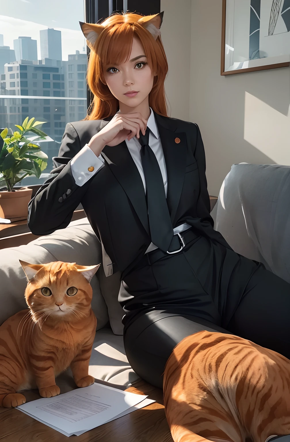 ((Anthropomorphic orange cat agent in the house)),Break,Perfect proportions,(the complete palm of your hand),Clear picture,Cross your hands,Shiny,Black suit,green necktie ,Wooden furniture,floor to ceiling window,sofe,Cute,High image quality,Master works,perfectly proportions,4K,Perfect body shape,Documents at hand,Realistic, Perfect detailed face, Detailed eyes, highly detailed back ground