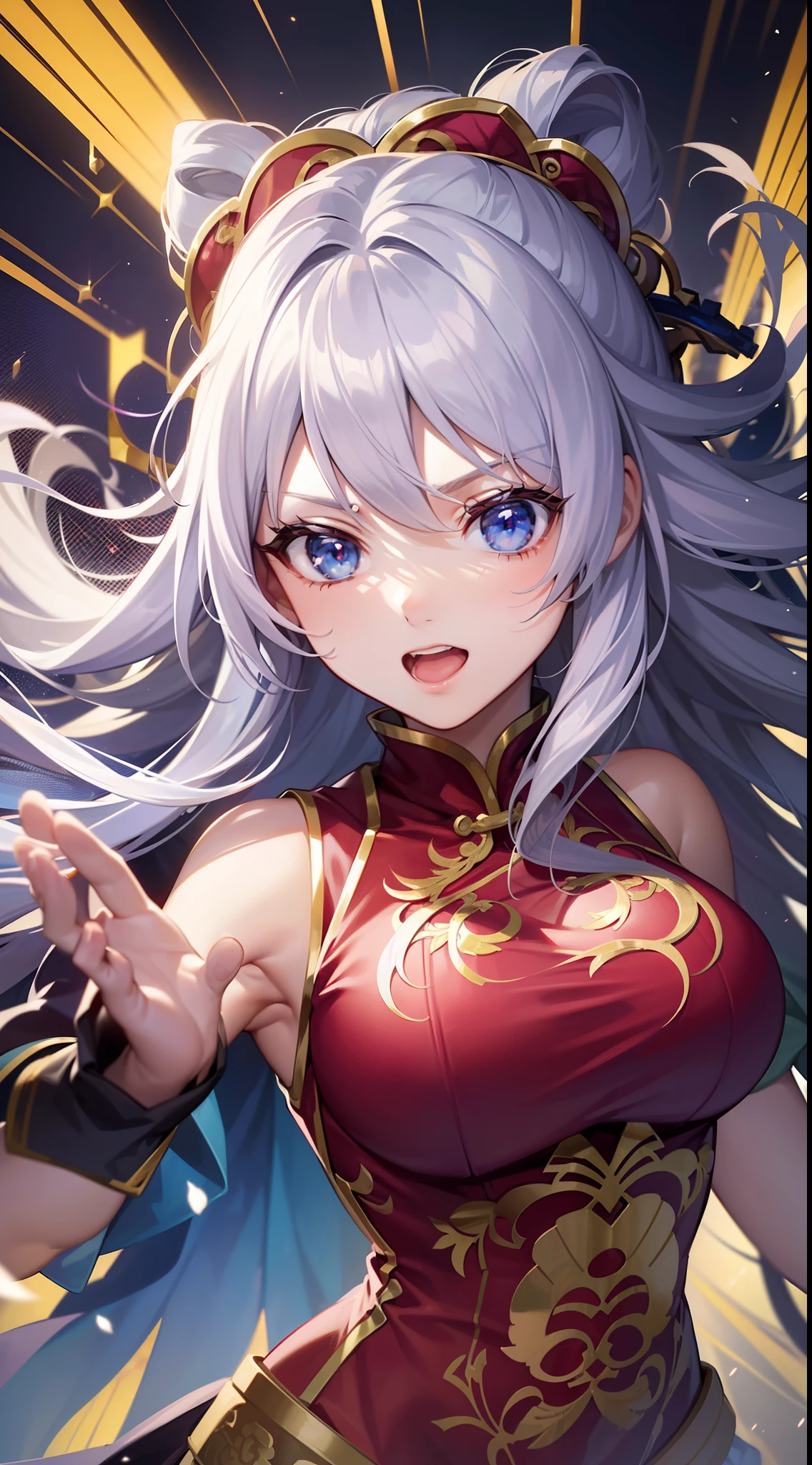 ((Finest quality)),(超A high resolution),(ultra-detailliert),((Best Anime)),sharpnes,vivid:1.1,Chinese fantasy art with amazing depictions,Sparks raining down:1.3,Dynamic poses:1.1, (1 Princess Swordsman:1.1,(Dense and detailed hu clothes:1.4),Serious gaze),In battle at Fangtianshu:1.5))