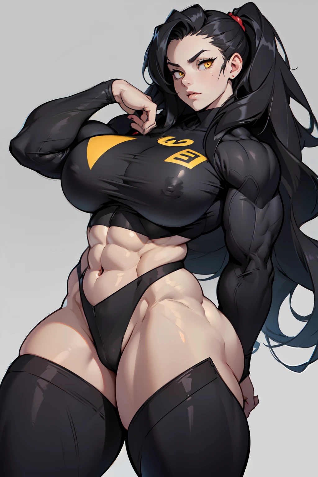 ((((1girl bodybuilder)))) pale skin black hair very long hair yellow eyes long abs ((curvy wide hips thick thighs huge breasts grey background)) bodysuit