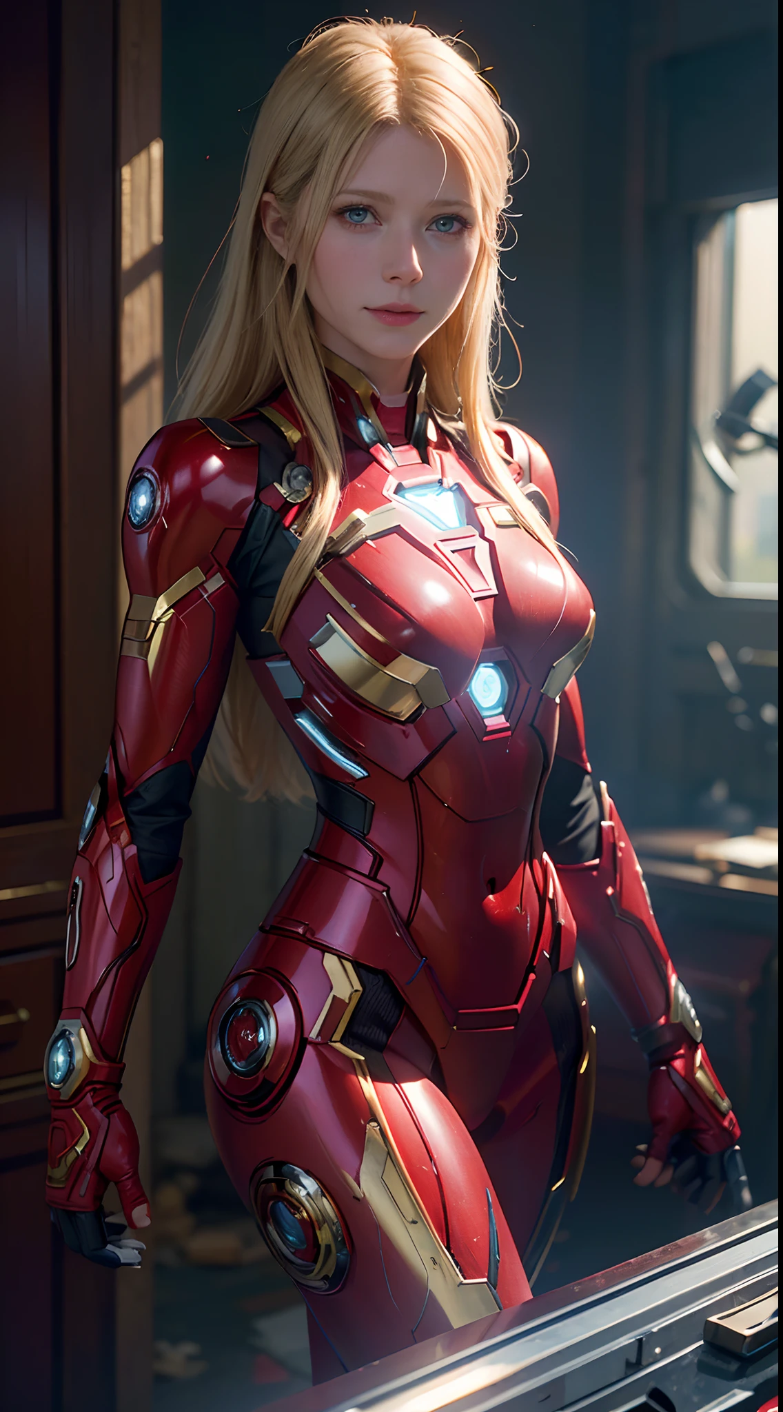 1girl, Gwyneth Paltrow as  Ironman (from marvel studios), red Ironman suit (holding your helmet), look at viewer, (masterpiece, best quality, detailed cloth texture, beautiful detailed face, intricate details, ultra detailed),  blonde hair, standing, (random angles), back view, (Best quality, A high resolution, Photorealistic, primitive, buildings destroyed, abstract background, (8K,Masterpiece, ),Best quality, Masterpiec8K.hdr. High ribs:1.2, filmgrain, Blur bokeh:1.2, Lens flare, (vivd colour:1.2), (Delicate),