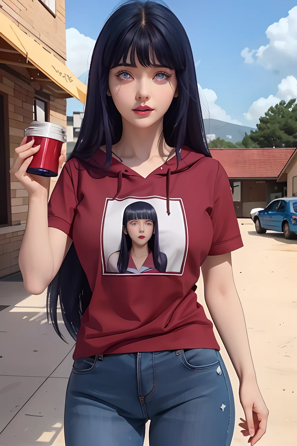 a close up of a person with long hair and a hoodie, hinata hyuga, hinata hyuga from naruto, from naruto, as an anime character, perfect anime face, she has dark blue hair with bangs, female anime character, anime character, anime best girl, hime cut hairstyle, dark blue hair, (red glossy lips:1.3), light purple eyes, big breasts, realistic, ultra detail, indoor background