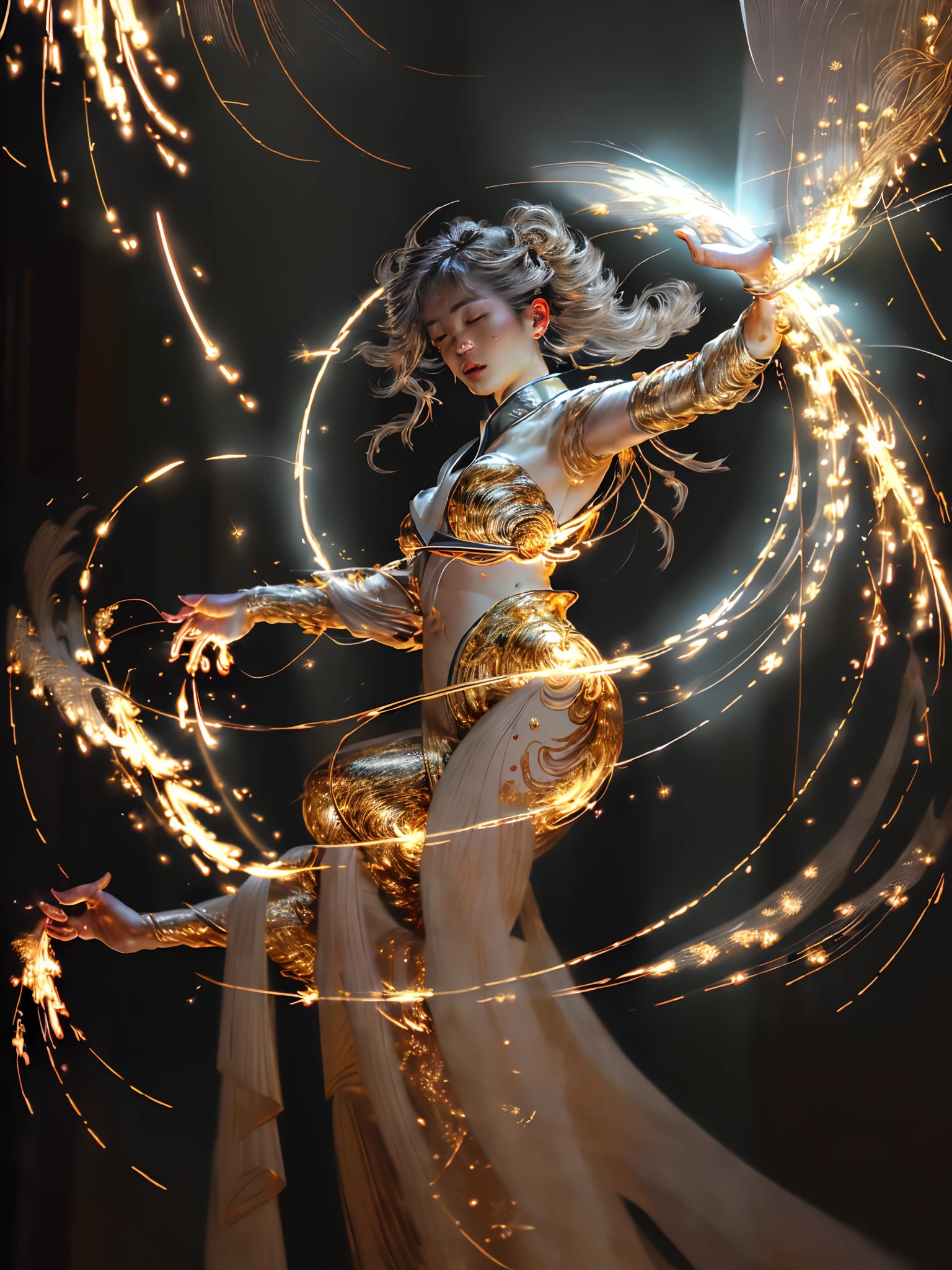 Best quality,masterpiece,ultra high res,solo,1girl, ,roujinzhi,Chinese Zen style,impactful picture,translucent and glowing metallic patterns,(glowing metal objects hovering in the air and surrounding him:1.2),(Electric arcs and sparks:1.2),(flow of energy:1.2),(translucent magnetic lines:1.2),(golden silver grey and shimmering light effects:1.2),