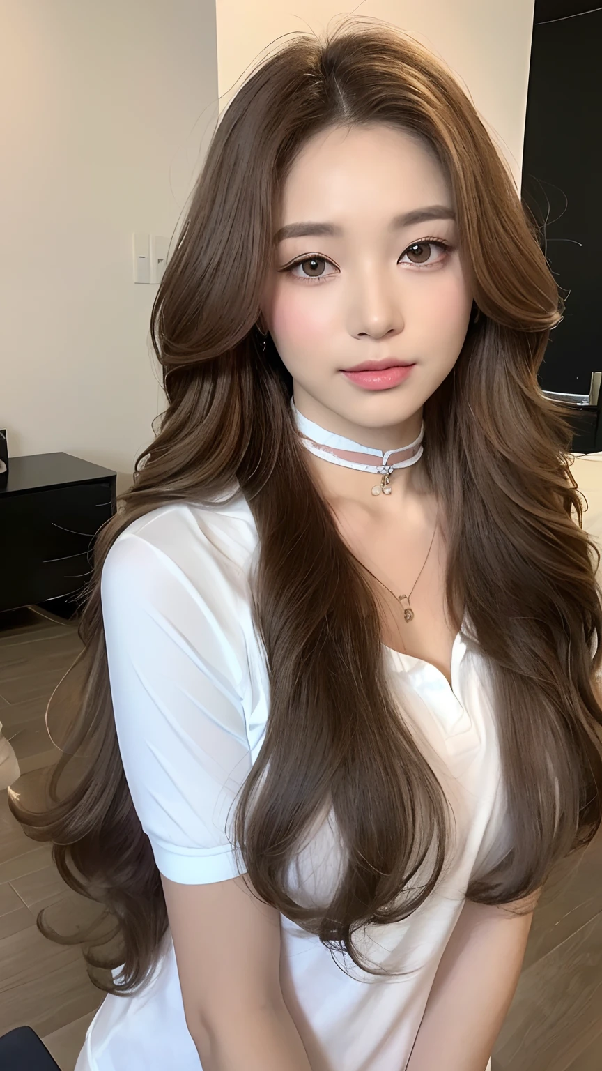 ((best qualtiy, 8K, tmasterpiece:1.3)), Focus:1.2, perfect figure beautiful woman:1.4, Cocked buttocks:1.2, ((Random Long Hairstyle) ((Brown Wavy Hair In Long Curls)) (Long white legs:1.3,(Polo shirt:1.2) , (inside in room: 1.2), Highly detailed facial and skin texture, A detailed eye, 二重まぶた,Whiten skin,(Straight big breasts:1.3), looking at camera, ((Wearing A Chocker))
