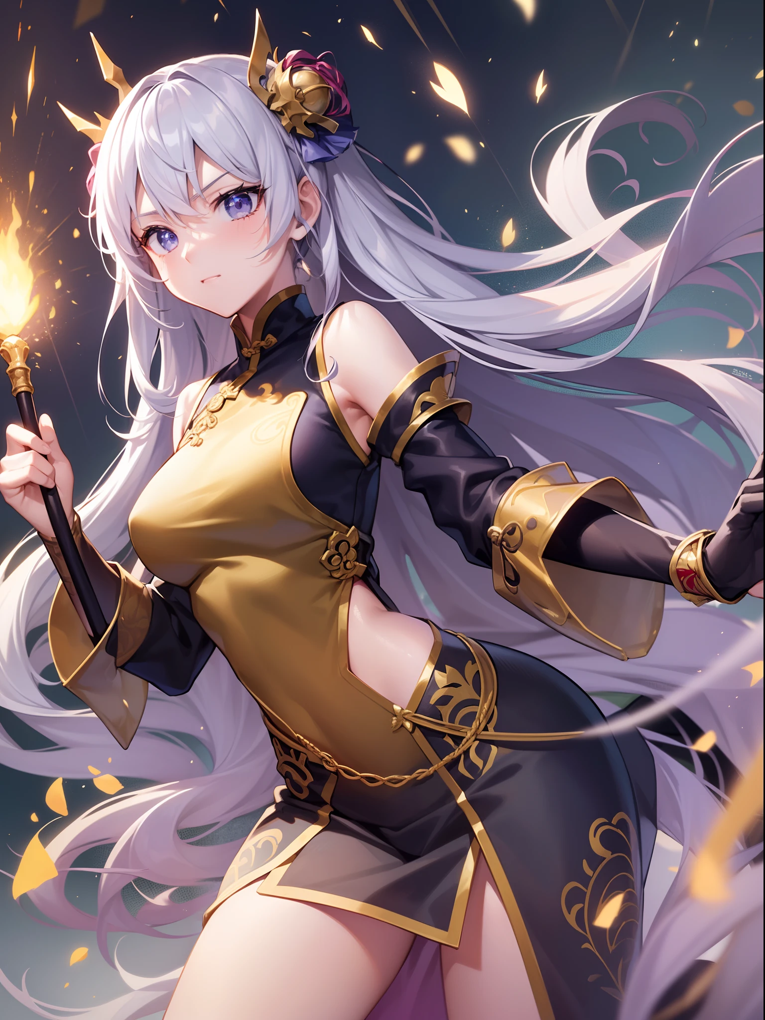 ((Finest quality)),(超A high resolution),(ultra-detailliert),((Best Anime)),sharpnes,vivid:1.1,Chinese fantasy art with amazing depictions,Sparks raining down:1.3,Dynamic poses:1.4,Crisis situation:1.8 (1 Princess Swordsman:1.1,(Dense and detailed hu clothes:1.4),Serious gaze)