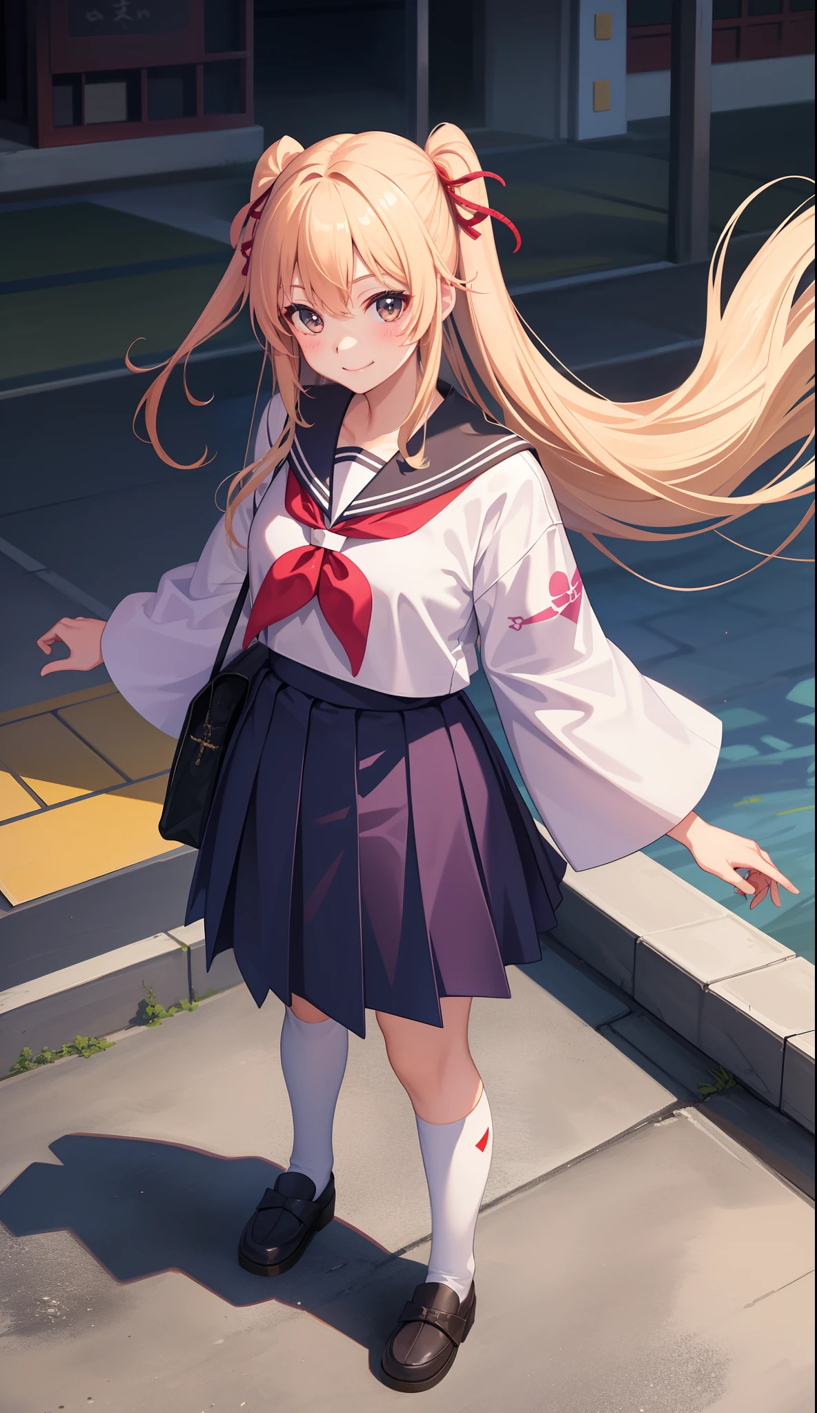 Masterpiece, Best quality, A high resolution, POI1, Green eyes, school uniform, Hair ribbon, serafuku, Black ribbon, Pleated skirt, Straight hair, Black skirt, red neckchief, Black socks, White sailor collar, Cowboy shot, Smile, Outdoors,