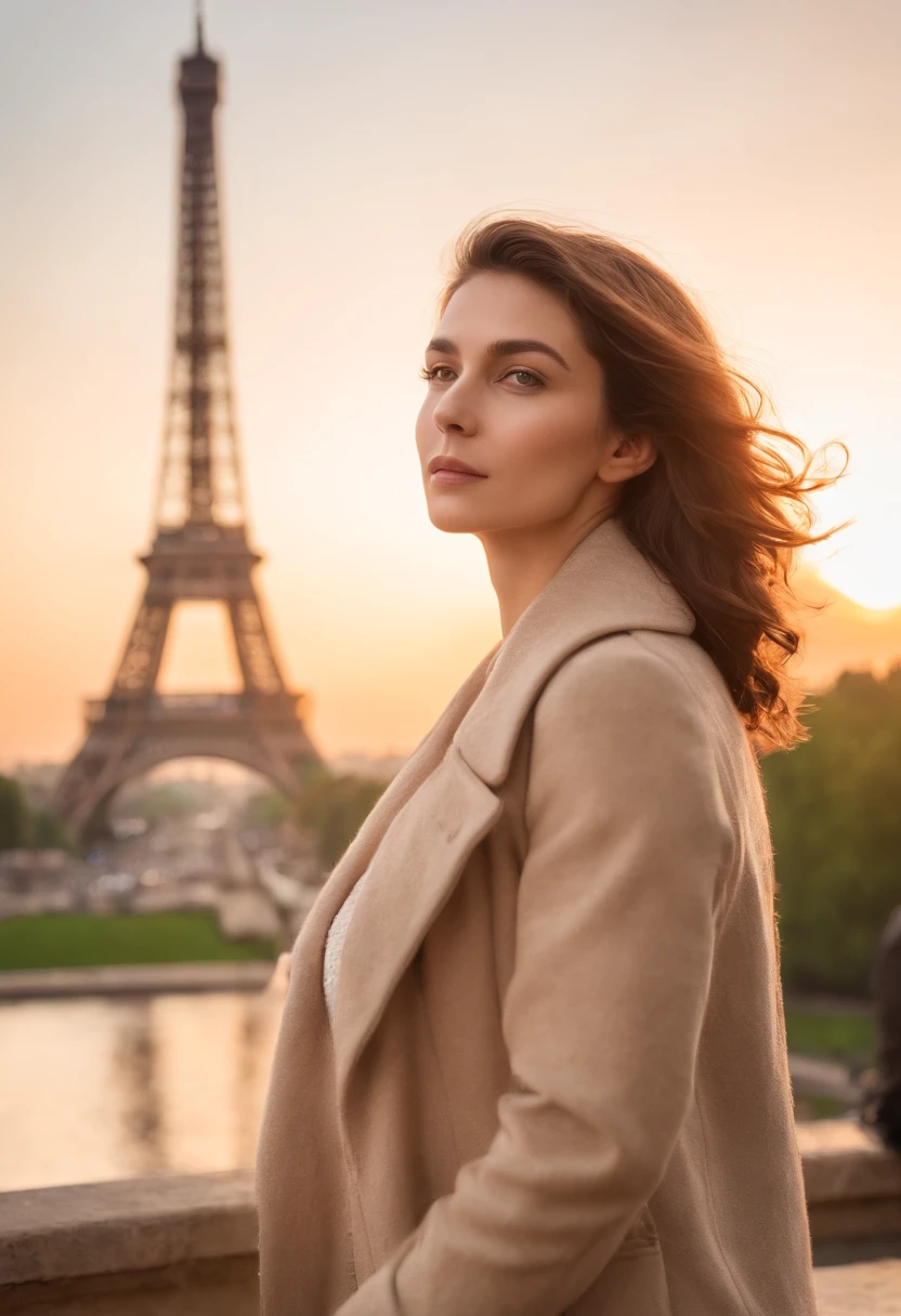 e mulher (feminino) atraente proximos a torre eiffel, Cabelos loiros, Pose atraente, Sun behind, vista atraente