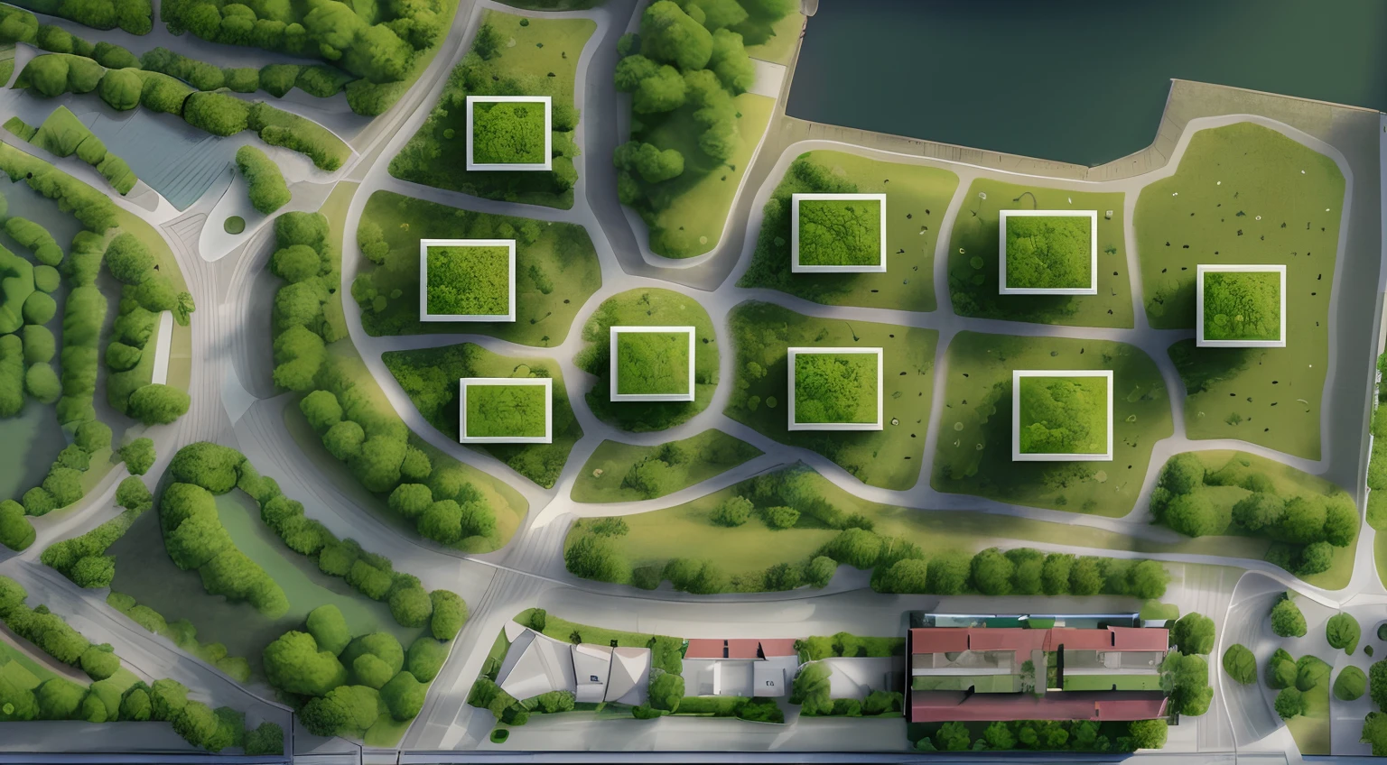 buildings, green trees, trees along the road, a plan of a city with lots of trees,lake