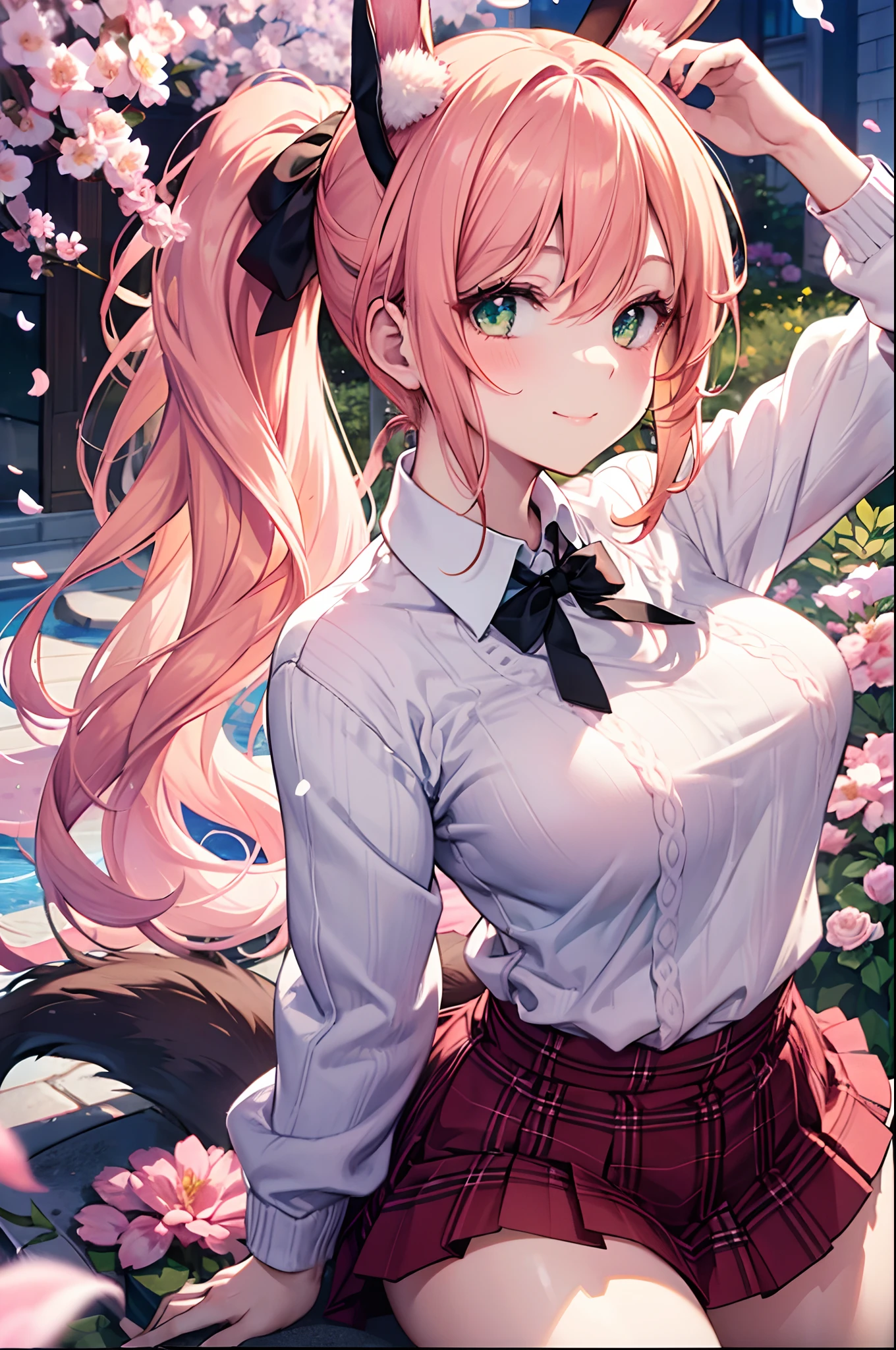 Realistic and detailed image of a girl dressed in a pink sweater with no neckline and a plaid mini skirt with pleats. She has long orange hair in a ponytail. Emerald eyes. She has bunny ears and tail, long eyelashes and a playful smile. She has medium breasts, slim waist, wide hips and thick thighs. She poses sensually. She is in a garden with flower petals falling around her.