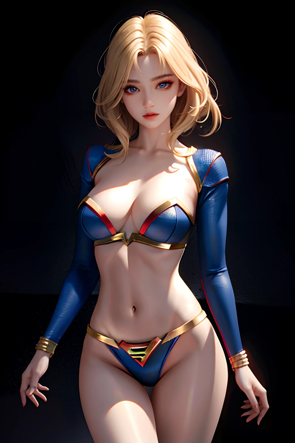 Supergirl nsfw:1.3, masterpiece, best quality, high quality, high definition, high quality texture, high quality shadow, high detail, beautiful detailed, finely detailed, extremely detailed cg, detailed texture, a realistic representation of the face, realistic, colorful, delicate, cinematic light, side lighting, Lens Flare, Ray tracing, sharp focus, (1girl, __focus__:1.3), (complex details, makeup, PureErosFace_V1:0.5),  (detailed gorgeous and delicate face, detailed gorgeous and delicate eyes, a perfect face proportion, highly detailed skin, detailed skin, best ratio four fingers and a thumb, arms under chest, large medium breasts, wide hips, flat belly, slim and thin, __fashion__, __hair__: 1.3), __location__, no hands, no more hands, no lost fingers, superman symbol S,  blonde.