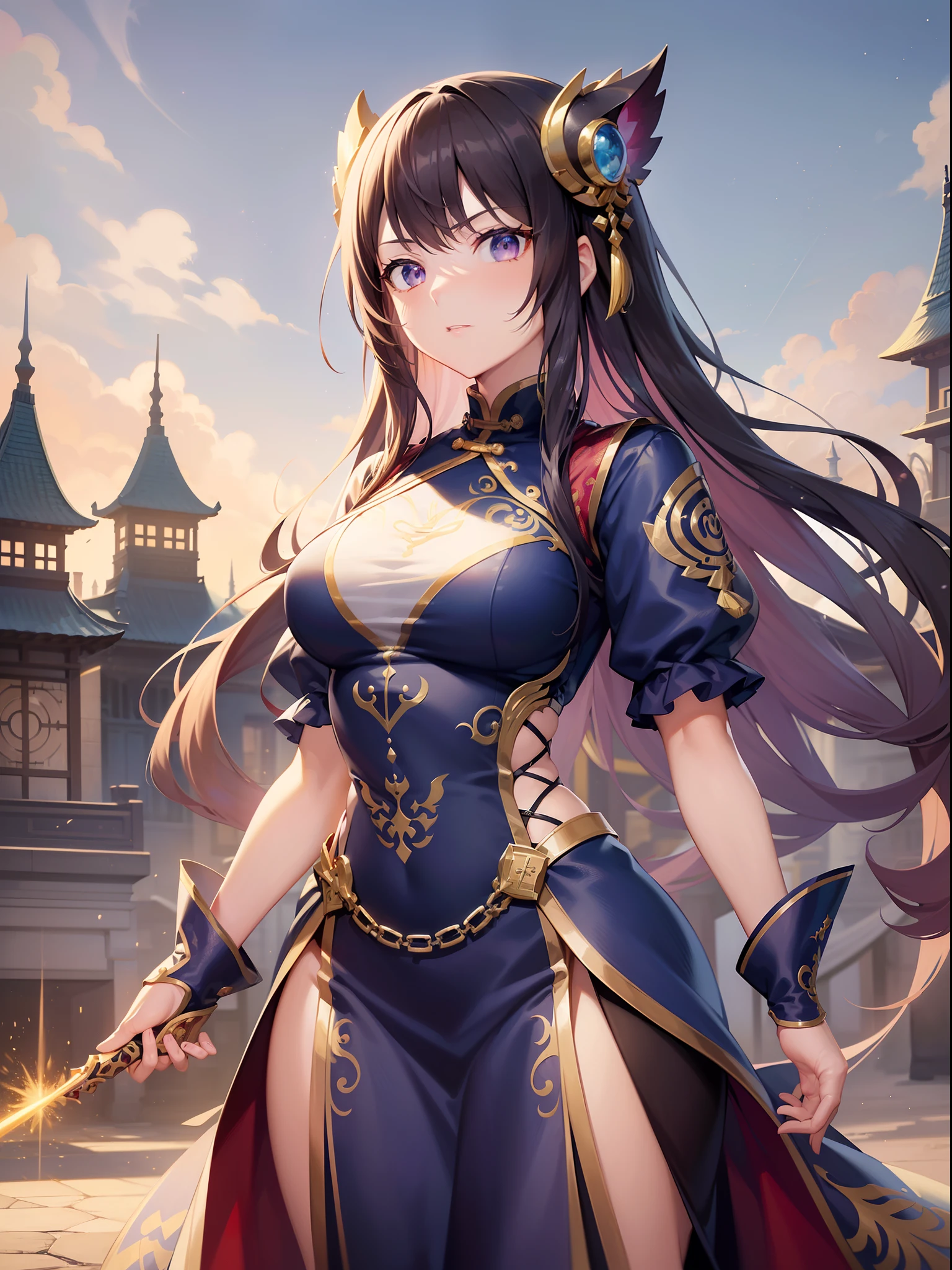 ((Finest quality)),(超A high resolution),(ultra-detailliert),((Best Anime)),sharpnes,vivid:1.1,Chinese fantasy art with amazing depictions,Sparks raining down:1.3,Dynamic poses:1.4,Crisis situation:1.8 (1 Princess Swordsman:1.1,(Dense and detailed hu clothes:1.4),Serious gaze)