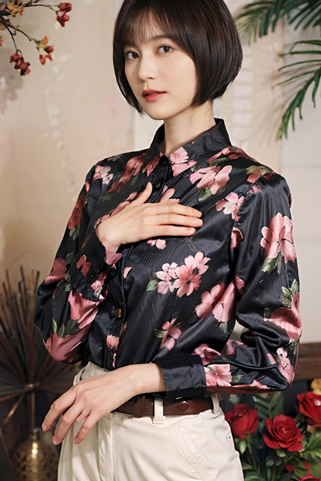 32
(Shorthair:1.23), (a 20 yo woman), (A hyper-realistic), (masutepiece), (8KUHD), Long sleeve shirt with floral pattern, breeches, (Breast:1.23), serene expressions