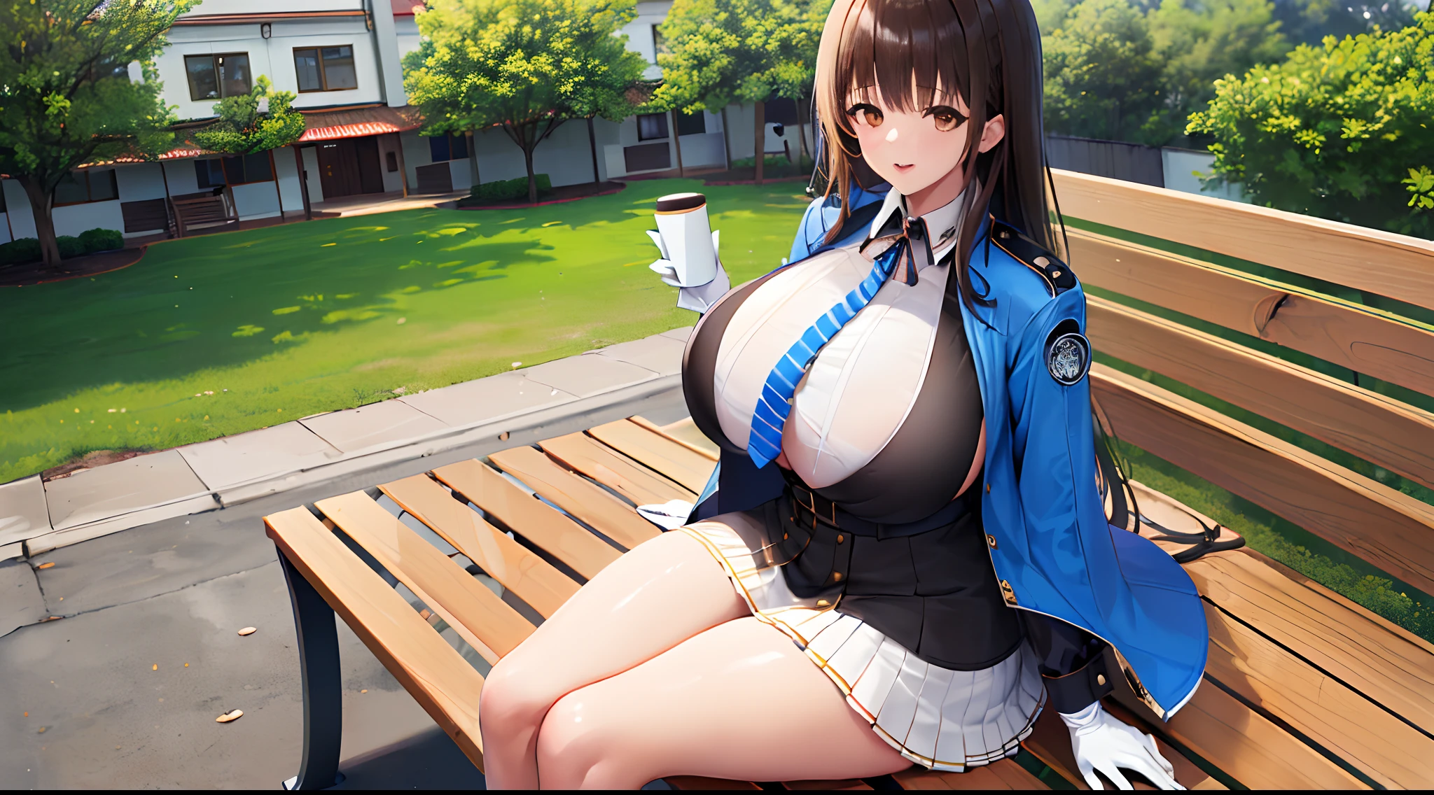 ((masutepiece, top-quality, hight resolution,1girl in,plein air, sitting on, Benches, shiny glossy skin,Huge boobs)), Coffee on the desk,diesel \(nikke\), jacket on shoulders, White shirt, Collared shirt, Striped, blue necktie, White Gloves, White skirt