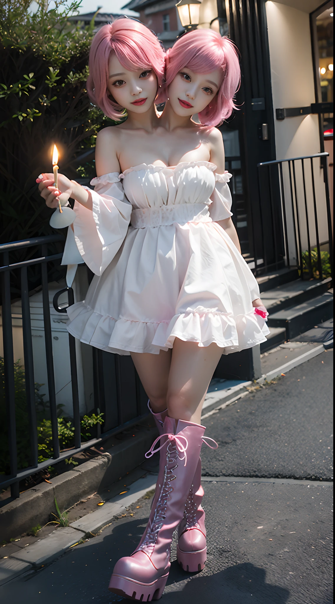 Two-headed girl, masutepiece, Big pink hair woman wearing high boots, Party Park, Walking, evening, A light, abajour, candles