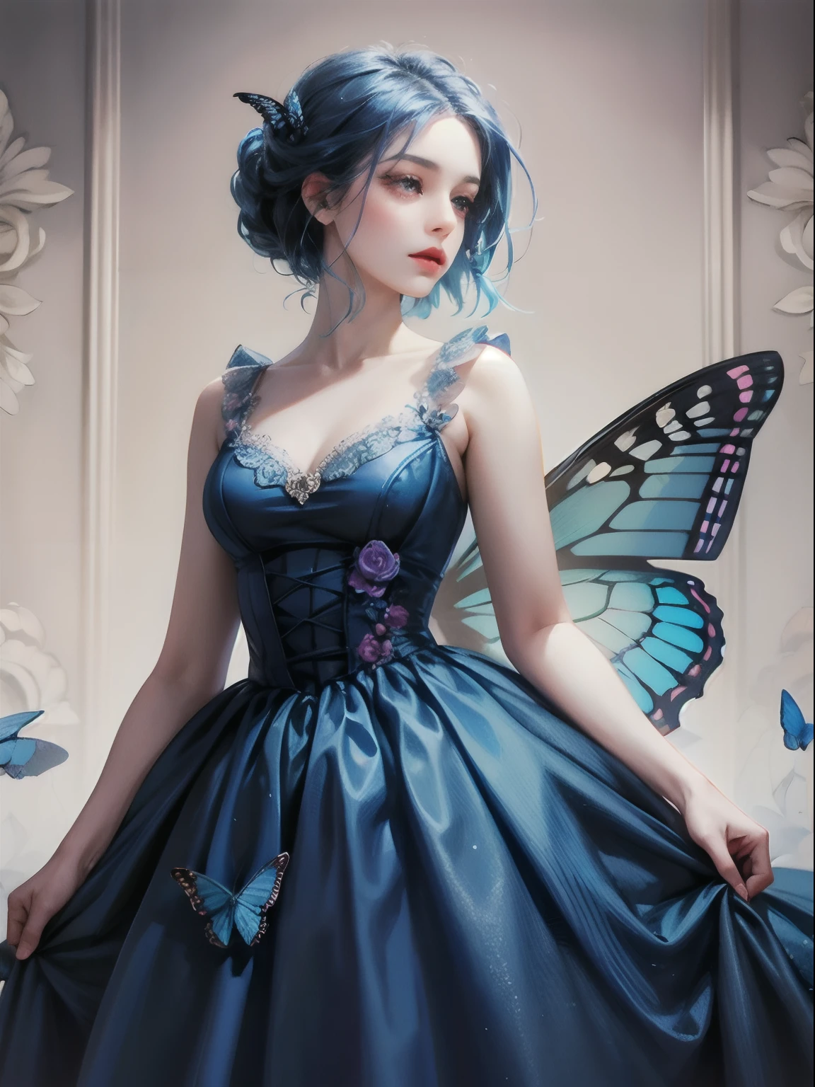 a women, blue butterfly, blue hair, pink eyes, blue dress