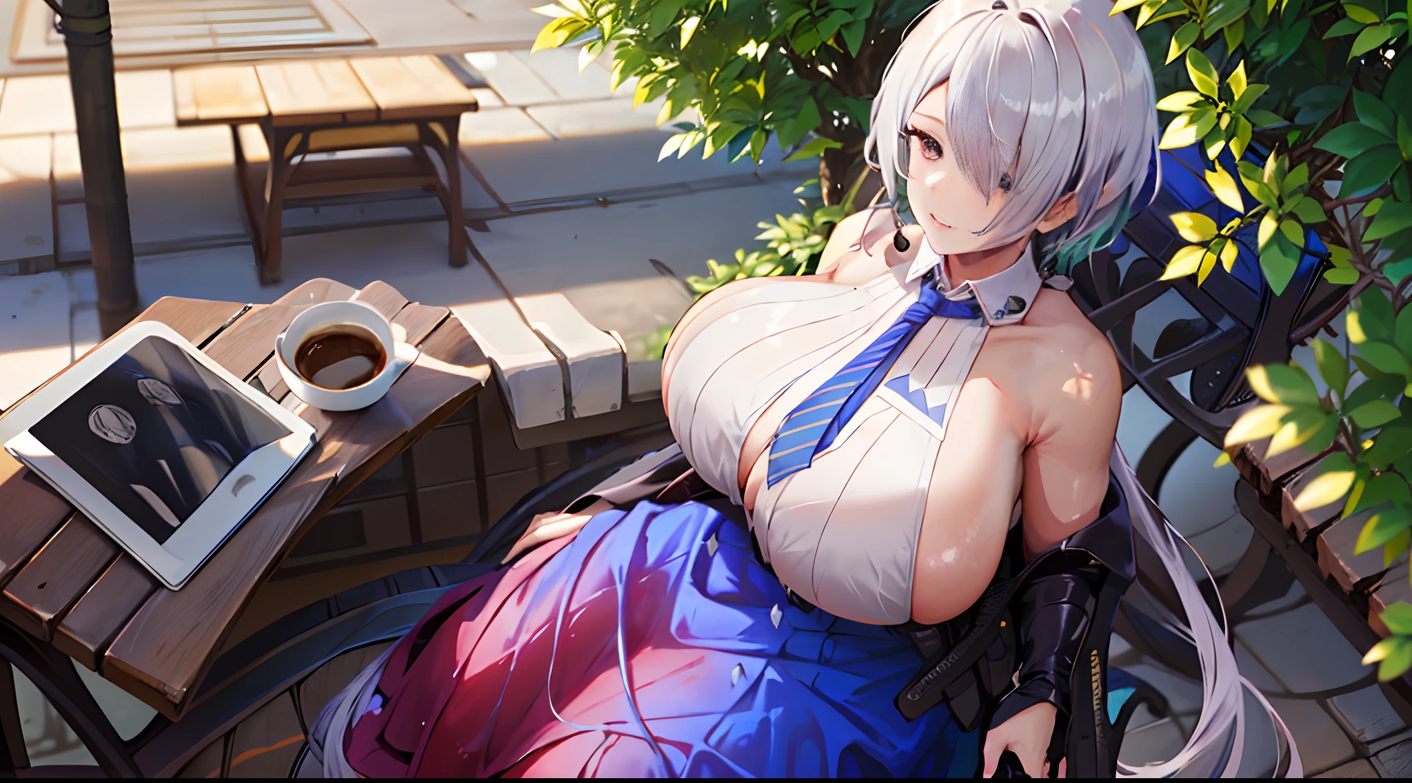 ((masutepiece, top-quality, hight resolution,1girl in,plein air, sitting on, Benches, shiny glossy skin, Huge boobs)), Coffee on the desk,
hair_Over_One_eye, bridfx, brid_nikke, Blue tie, Sleeveless,perfect hand