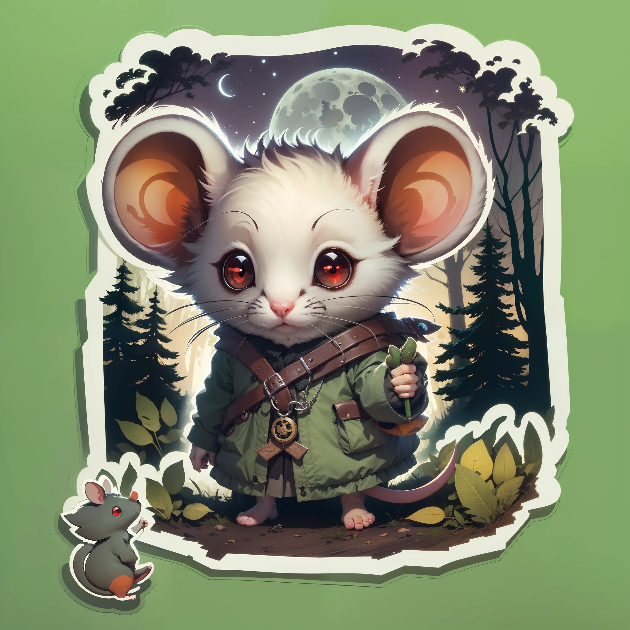 A cute mouse sticker, red eyes, a cute Rogue, a full moon, a deep forest, and a mysterious image. It's night but it's bright