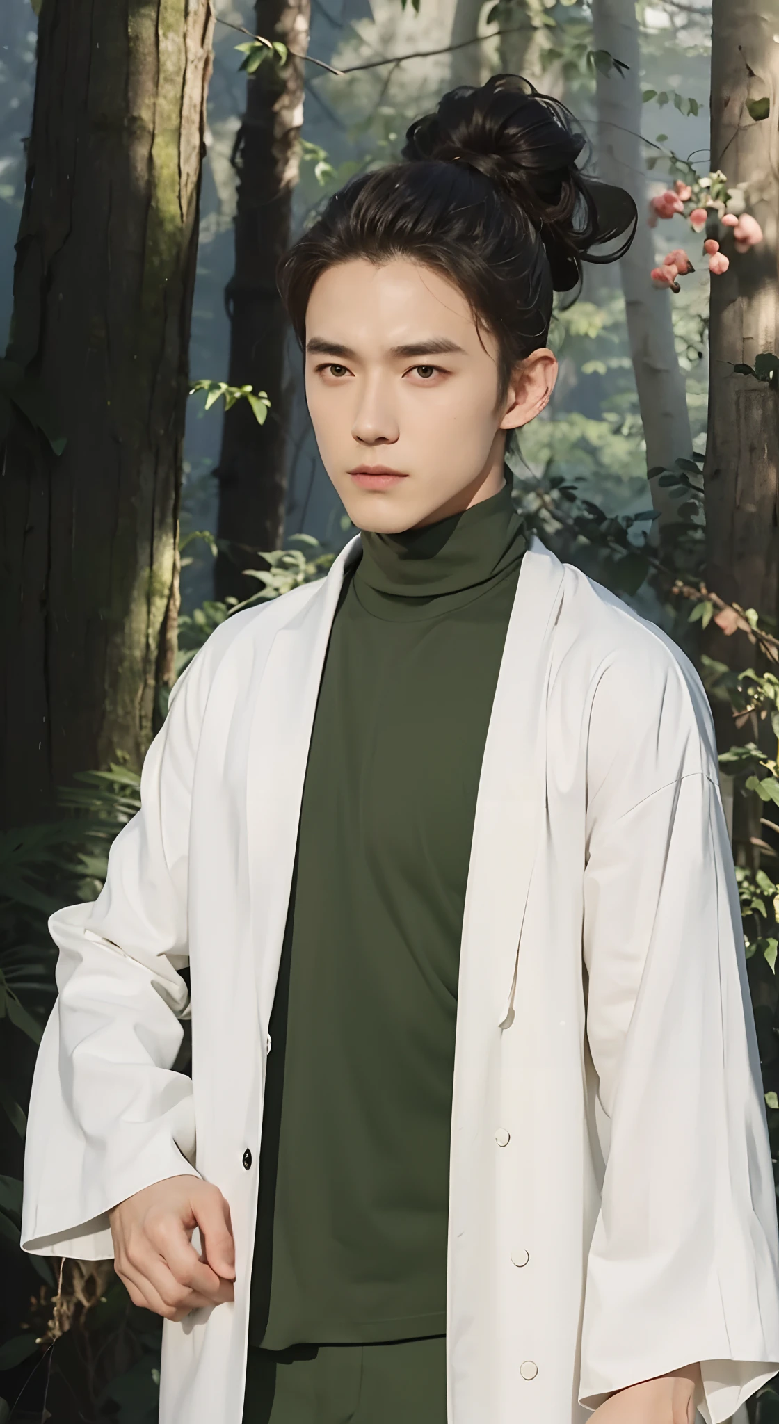 Real life adaption of this character, handsome man face, ,cool expression,realistic same hair Tied up,(realistic same outfit wear white suit), realistic background, hyper realistic, realistic light, realistic shadow, realism,(photorealistic:1.2), looking to viewer,