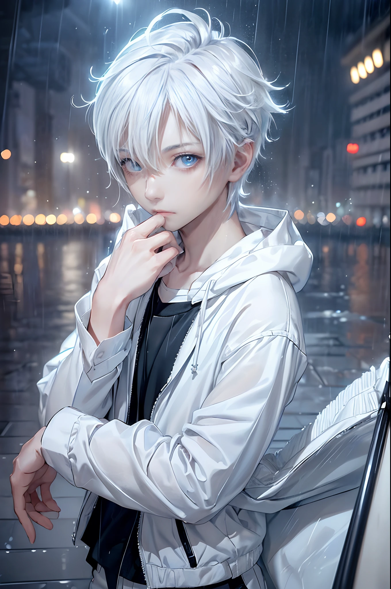 ((4K works))、masterpiece、(top-quality)、One beautiful boy、Slim body、tall、((Black Y-shirt and white pants、Charming street style))、Please wear one jacket、Wearing a hood to hide his face、(Detailed beautiful eyes)、Morning City、((Rainy city))、Fashionable city with morning rain、During the walk、((Bright, Cloudy sky))、((Face similar to Carly Rae Jepsen))、((Short-haired white hair))、((Smaller face))、((Neutral face))、((Bright blue eyes))、((American adult male))、((Adult male 26 years old))、((Cool Men))、((Like a celebrity))、((Lonely look))、((Korean Makeup))、((elongated and sharp eyes))、((Happy dating))、((boyish))、((Upper body photography))、Professional Photos、((Model photo))、((Shot alone))、((He's under the roof))、((Looking up at the sky))、((photographed from the back))、((He is looking upwards))、((His eyes are looking upwards))、((Increase the angle of the face))、((He is walking in front of the viewer))