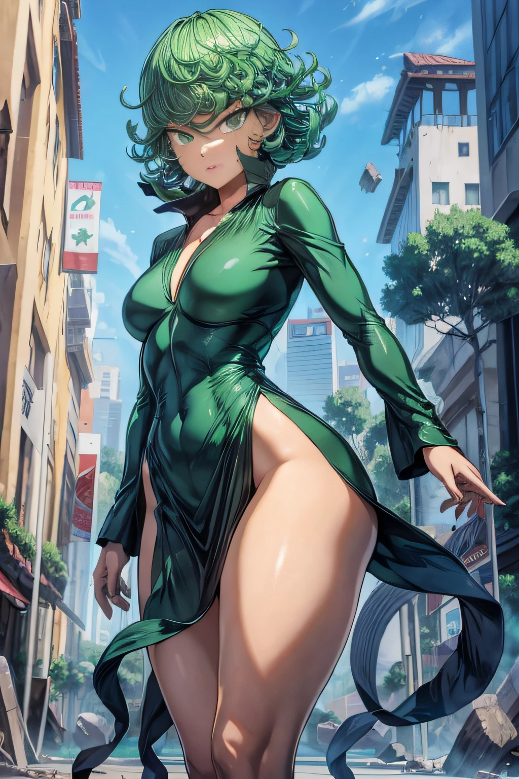 (((big ass))) beautiful and cute lady, smiling, (thin), (thick thin), (thin waist), (butt uncovered), 8k, Tatsumaki of a one-punch man, short green hair, eyes green, medium chest, full body view, ((wearing a torn black dress with a V-neck, long sleeves and four high-cut leg slits)), angry, Standing in a destroyed city, dynamic pose, Dynamic view, ( (muscular legs))