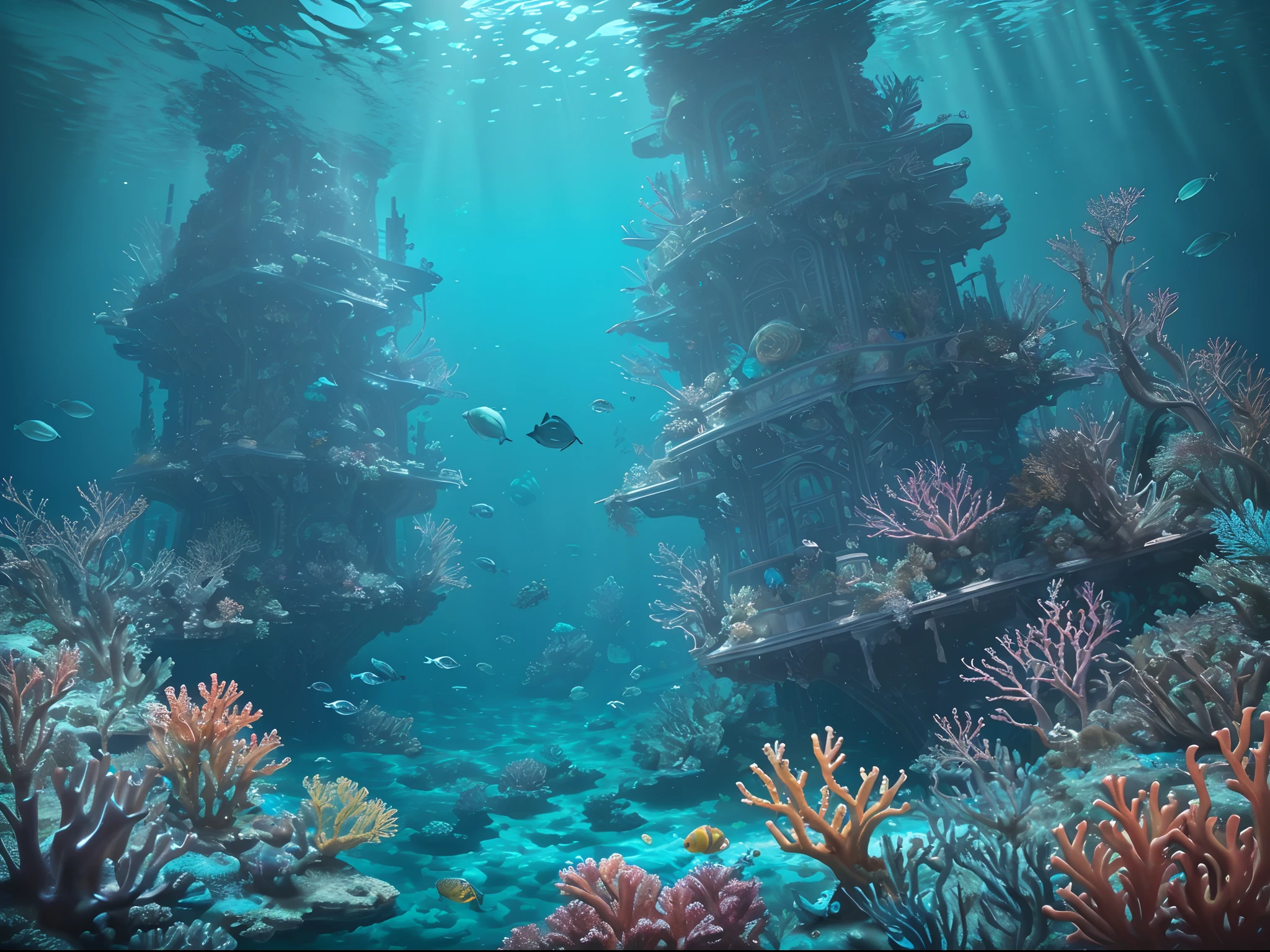 (Masterpiece), (extremly intricate:1.3), (Realistic),((bubbly underwater scenery)),Many large underwater future translucent ice palaces,There are a lot of colorful tropical fish inside, Beautiful coral reef in the background,Futuristic underwater translucent ice palace, futuristic underwater metropolis, an underwater city, Underwater market, Colorful underwater creatures,light leaks,depth of fields,Amazing scenery,deep sea cyberpunk, cyberpunk atlantis, Stylized urban fantasy artwork, underwater environment, , Dramatic, Award-Awarded, Cinematic lighting, Octane rendering Unreal Engine, volumetrics dtx, (filmgrain, 1.3), Art germ, Broken glass, ((bubbly underwater scenery)) ,Radiant light octane rendering is highly detailed