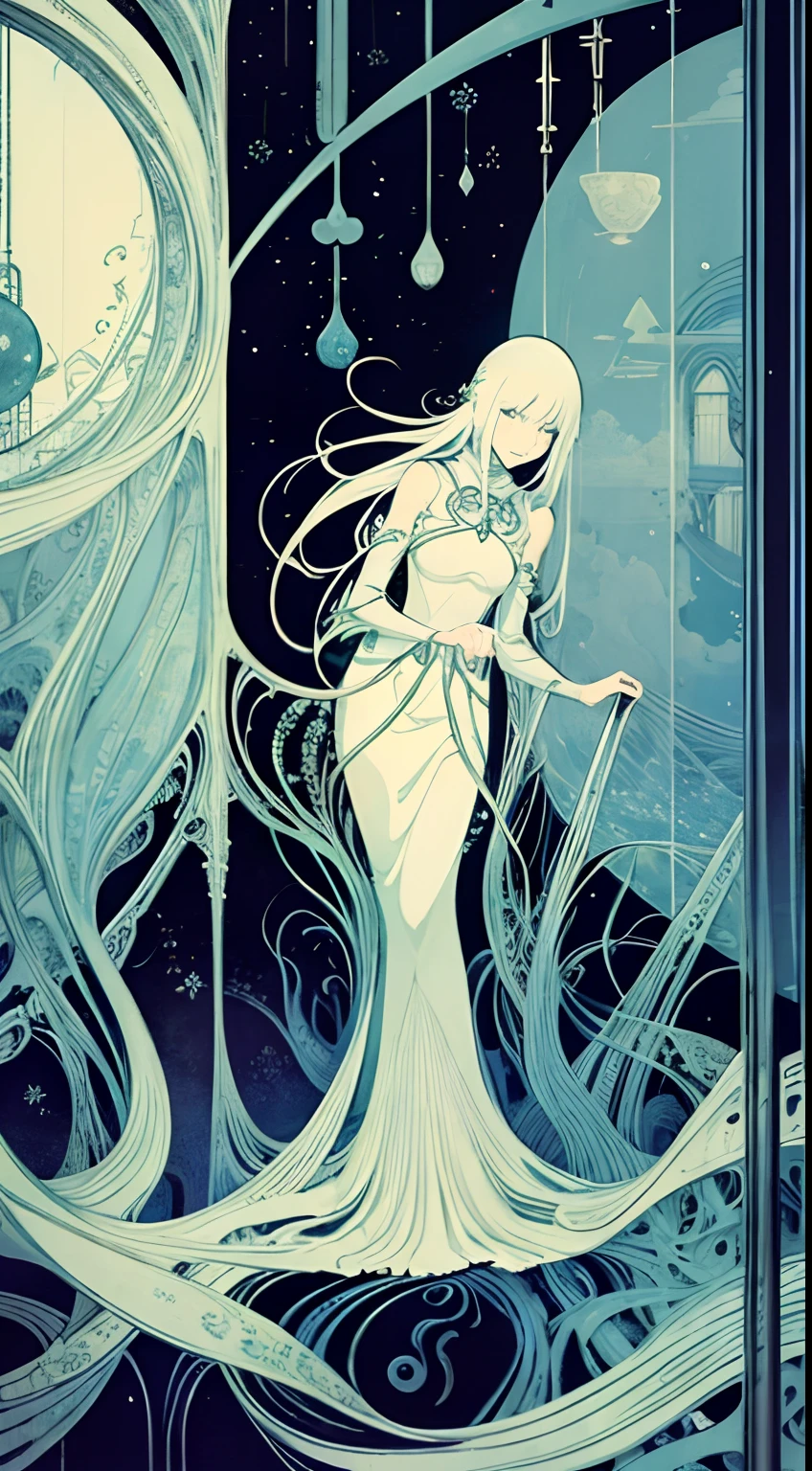 Kay Nielsen, Walter Crane, Surreal, mysterious, strange, fantastical, fantasy, Sci-fi, Japanese anime, path of light, optical lenses, mirrors, lasers, Roman ruins, lady In dress, perfect voluminous body, detailed masterpiece