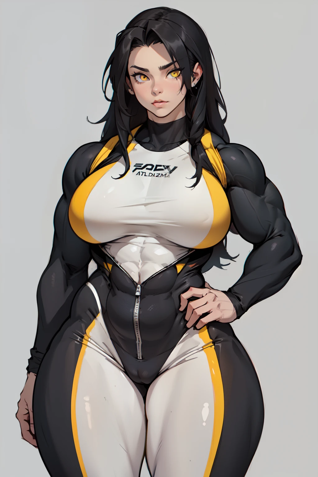 ((((1girl bodybuilder)))) pale skin black hair very long hair yellow eyes long abs ((curvy wide hips thick thighs huge breasts grey background)) bodysuit
