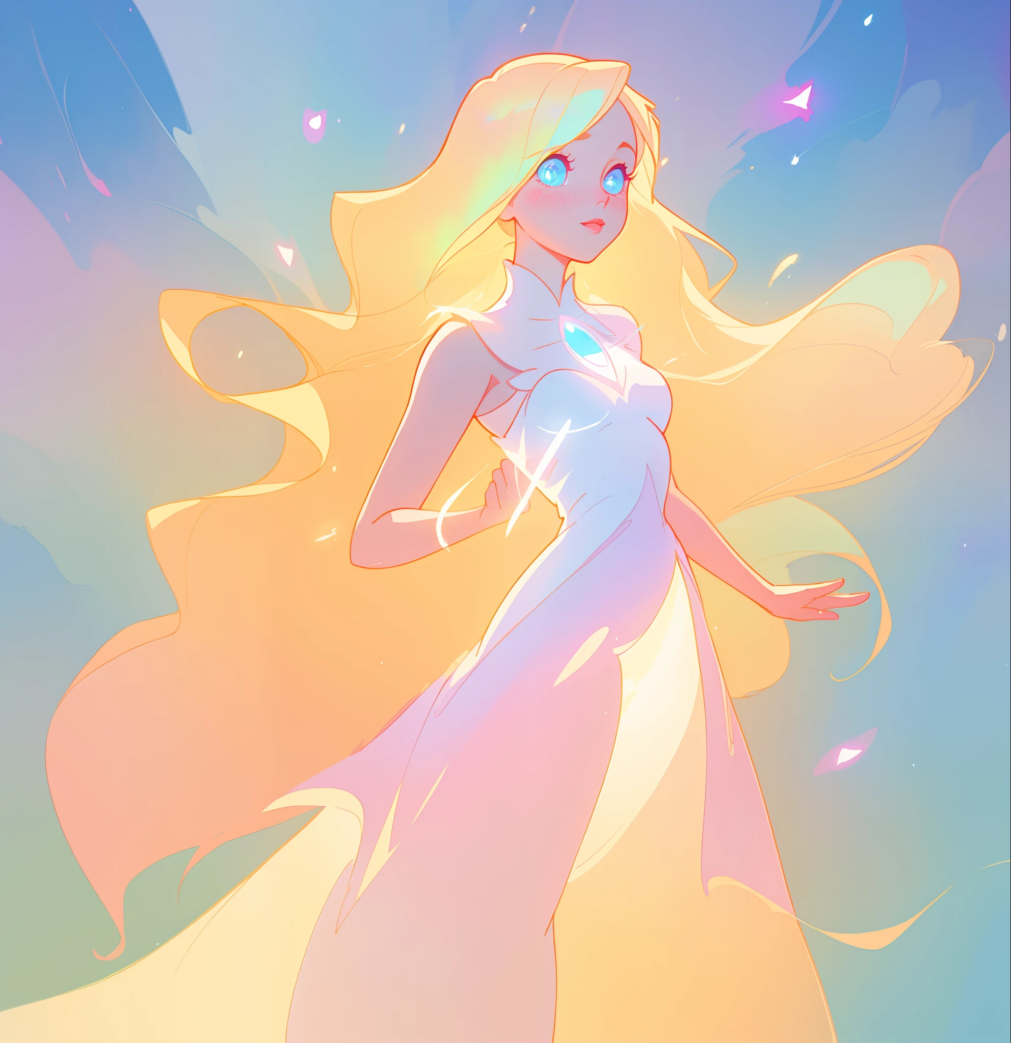 beautiful anime girl in glowing fantasy dress, inspired by Glen Keane, inspired by Lois van Baarle, disney art style, by Lois van Baarle, glowing aura around her, by Glen Keane, jen bartel, glowing lights! digital painting, flowing glowing hair, glowing flowing hair, beautiful digital illustration, fantasia background, whimsical, magical, fantasy, beautiful face, ((masterpiece, best quality)), intricate details, highly detailed, sharp focus, 8k resolution, sparkling detailed eyes, liquid watercolor