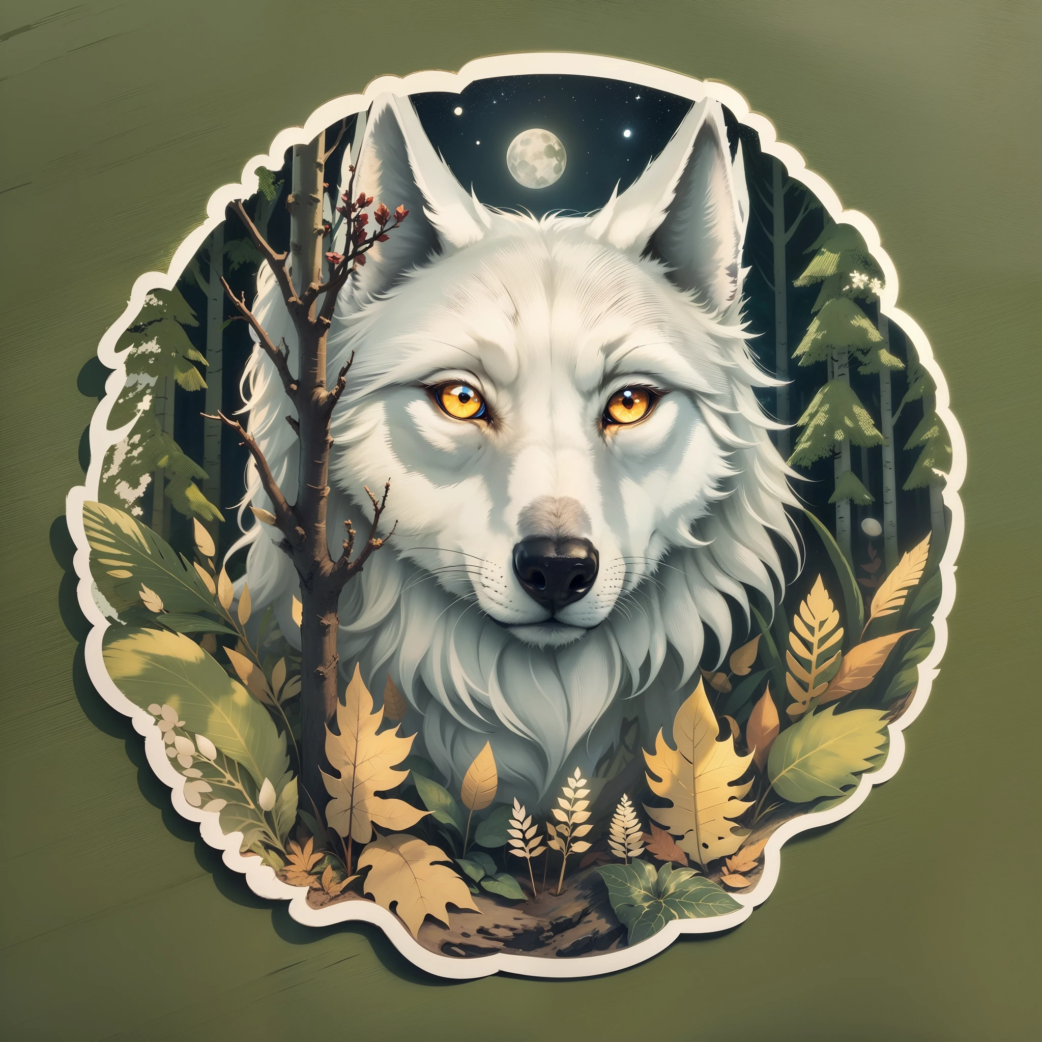 A cute white wolf sticker, golden eyes, a cute warrior , a full moon, a deep forest, and a mysterious image. It's night but it's bright