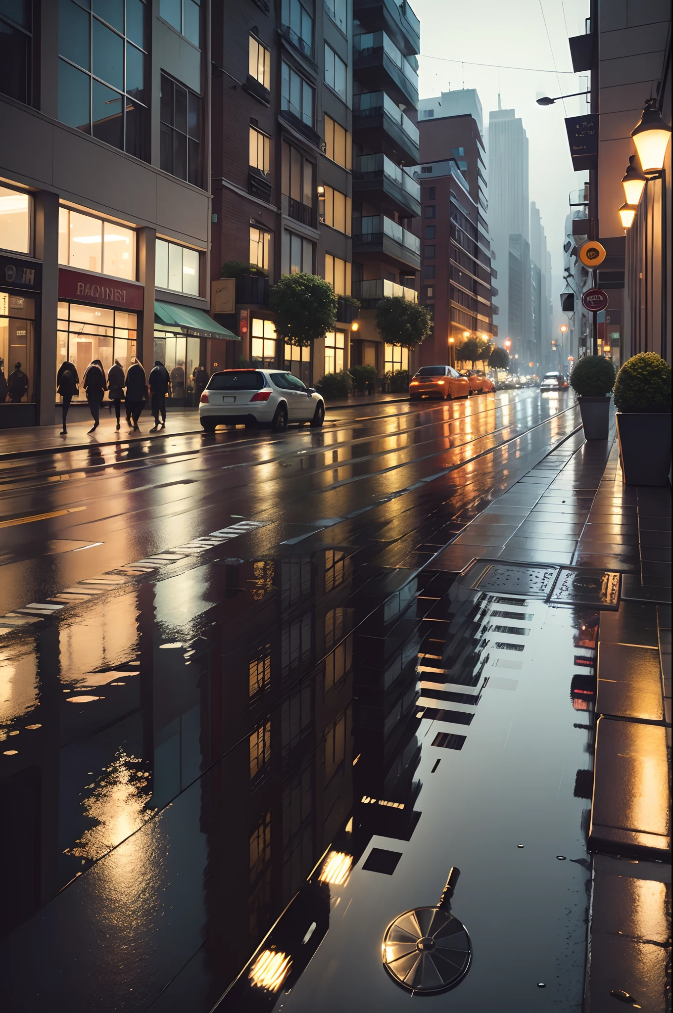 rainy days, the city street, Reflection of water on the ground, potted plant,pedestrians, car lights..
