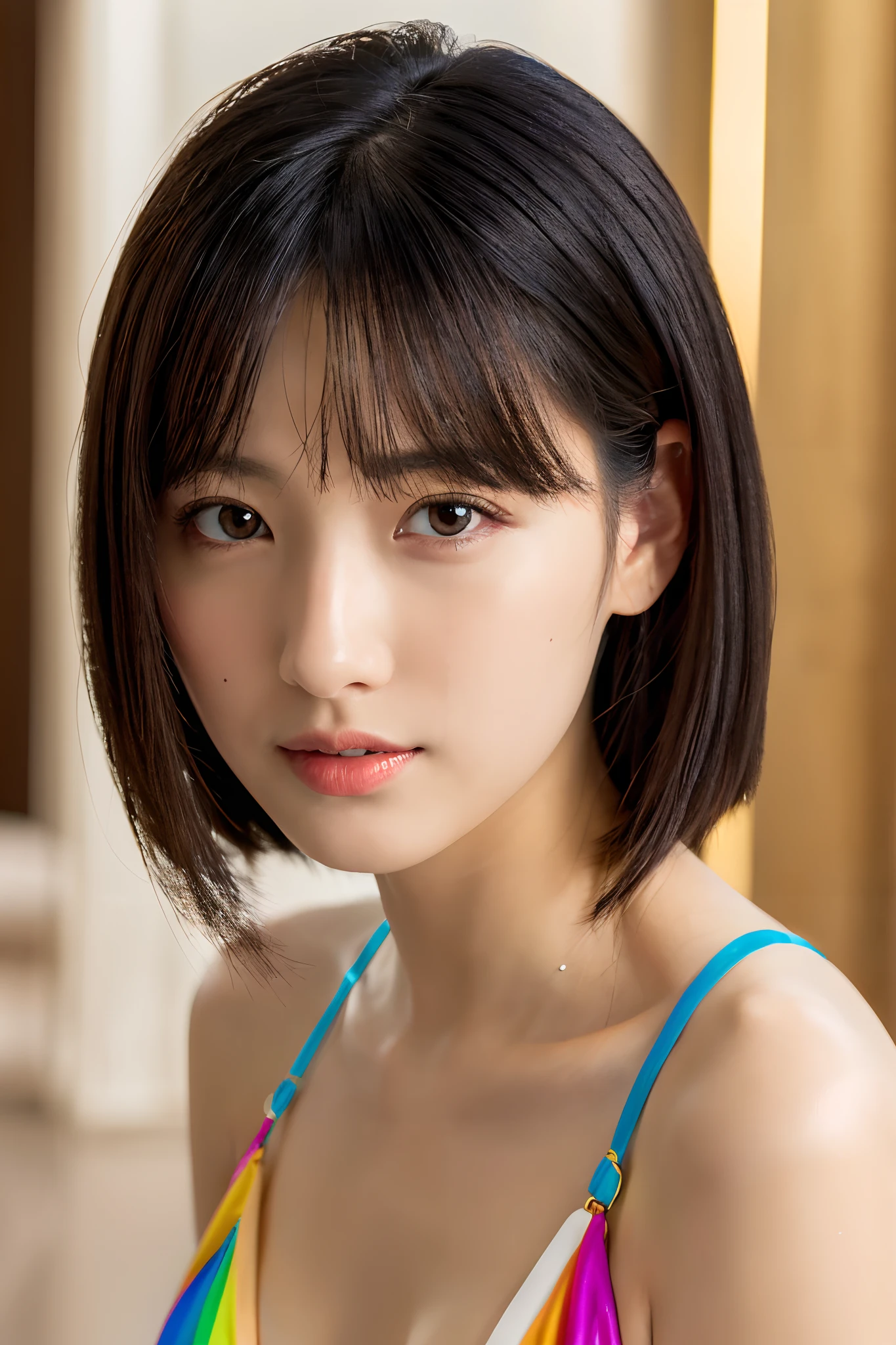 , Blown by the long wind [blue-black:.3] hair,Looking at Viewer, (masutepiece:1.3), (8K, Photorealistic, Raw photo, Best Quality: 1.4), Japanese, (1girl in), Beautiful face, (Realistic face), (Black hair, Short hair:1.3), Beautiful hairstyle, Realistic eyes, Beautiful detailed eyes, (Realistic skin), Beautiful skin, Attractive, 超A high resolution, A hyper-realistic, Highly detailed, Golden ratio,,((Colorful micro bikini)) 、韓国アイドル、hposing Gravure Idol、女優、25-years old、tall、(huge-breasted, cleavage:1.3),