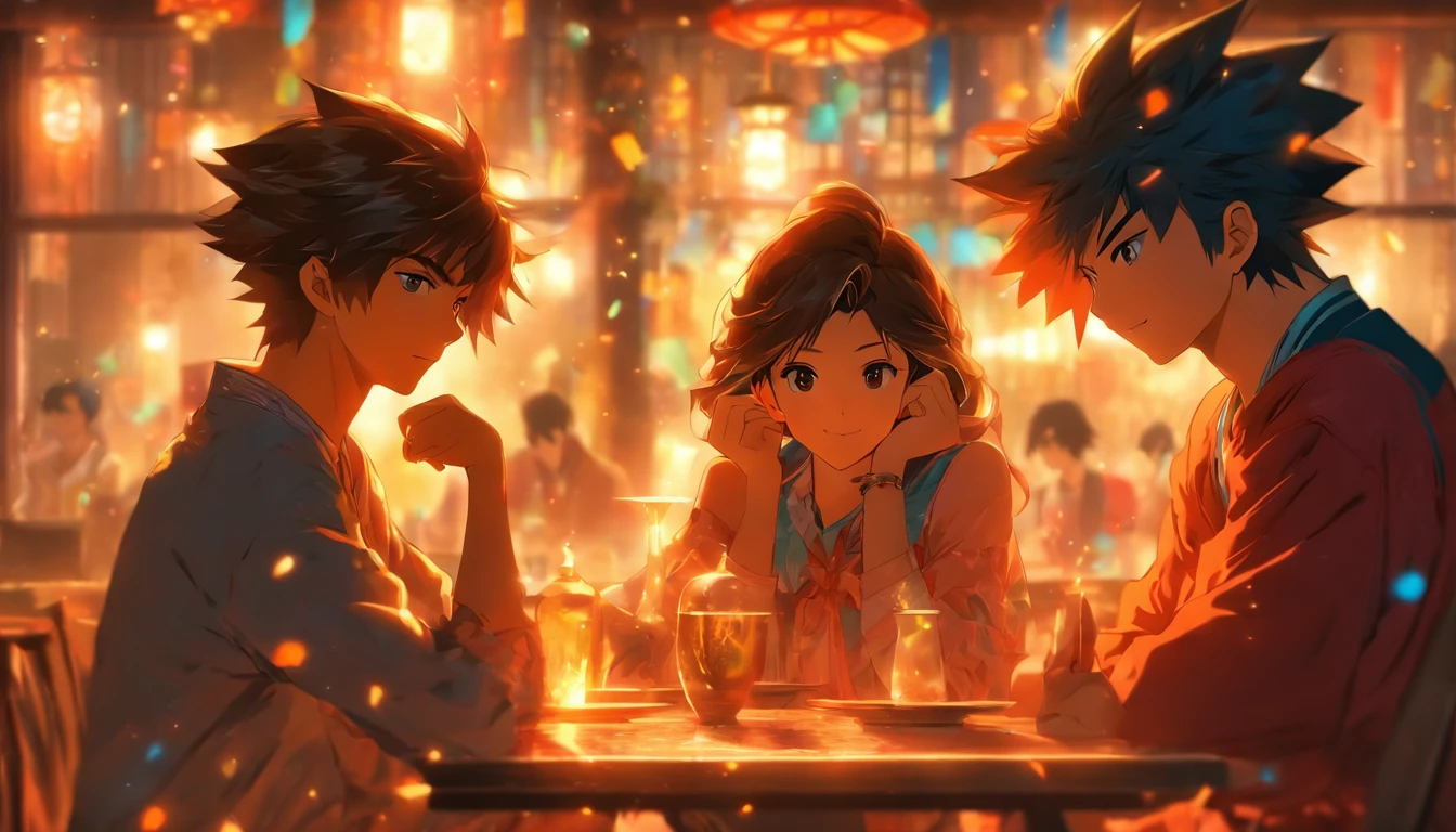 Young Asian Friends, one male individual、女性1人, around the table、Have a pleasant chat.
