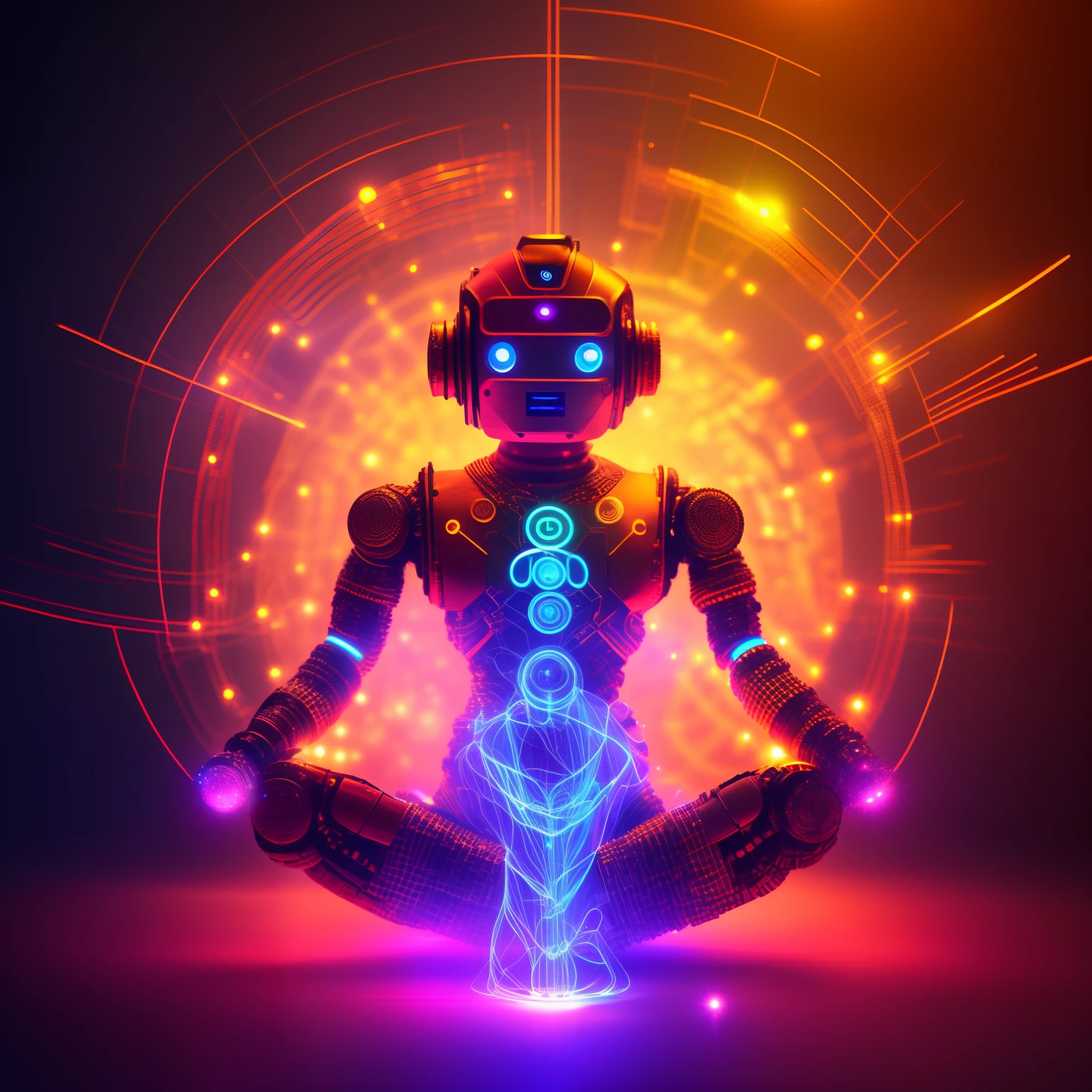 robot, kundalini, chakra, spiritual, meditate, electric circuit, (cinematic lighting, particles, bokeh, Tyndall effect, best quality, dreamlike:1.1) --auto