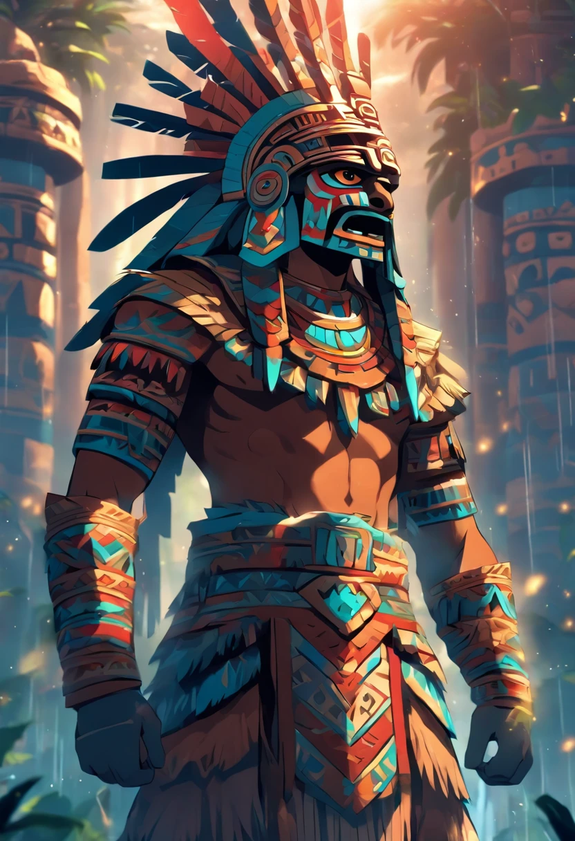 (((Aztec God))) best quality, very high resolution, detailed CG in 4K, masterpiece, Aztec mythology, rain god, Tlaloc, trees in the background, Mexico, standing pose, Aztec clothing, Aztec city,( (full body)), aesthetics, beautiful image, centered on screen, standing pose
