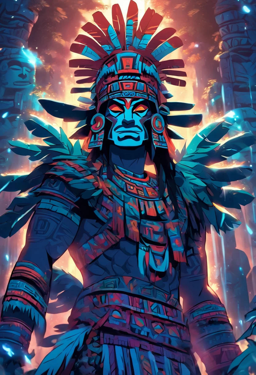 (((Aztec God))) best quality, very high resolution, detailed CG in 4K, masterpiece, Aztec mythology, rain god, Tlaloc, trees in the background, Mexico, standing pose, Aztec clothing, Aztec city,( (full body)), aesthetics, beautiful image, centered on screen, standing pose