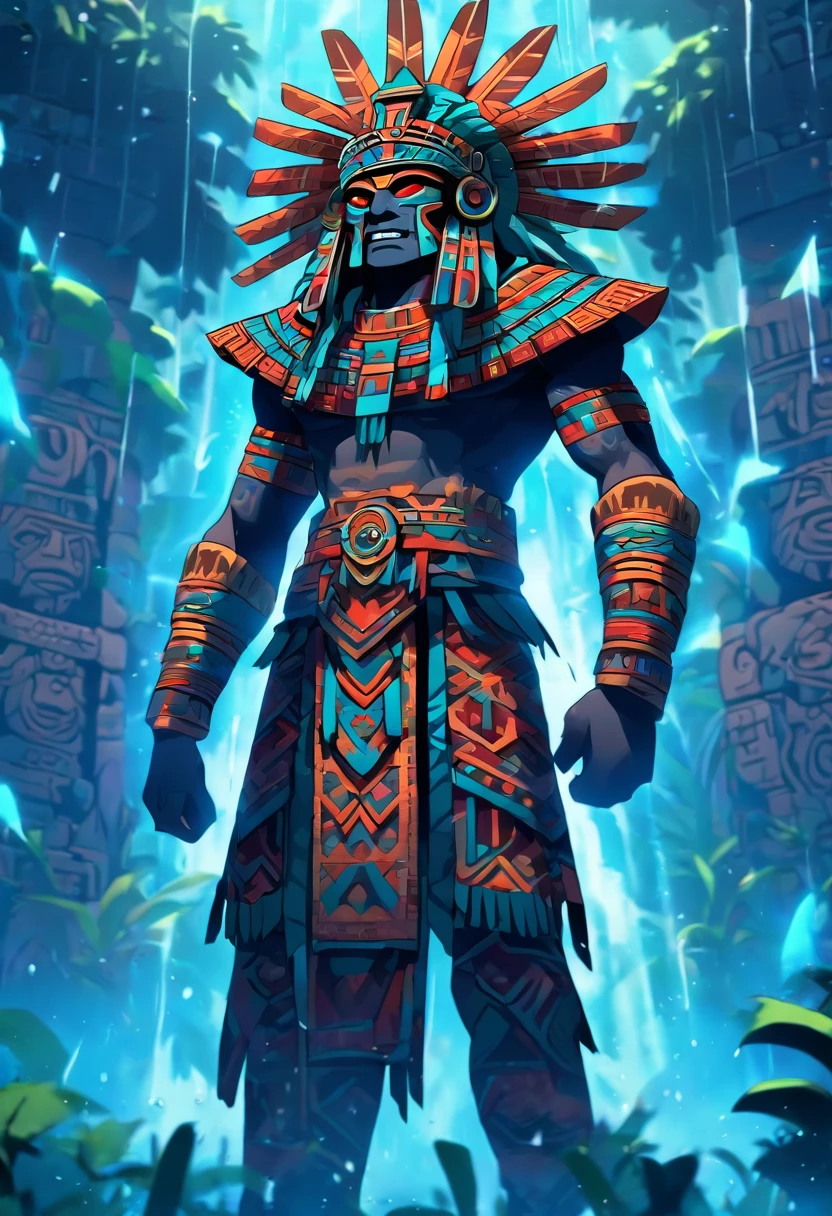 (((Aztec God))) best quality, very high resolution, detailed CG in 4K, masterpiece, Aztec mythology, rain god, Tlaloc, trees in the background, Mexico, standing pose, Aztec clothing, Aztec city,( (full body)), aesthetics, beautiful image, centered on screen, standing pose
