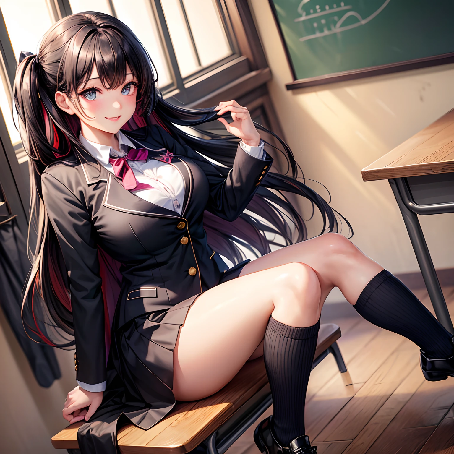 (High School Uniform:1.5)、(Spread your legs)、(Rich color expression)、(Big Breasts)、8K resolution、 masterpiece、((Highest quality))、Anatomically correct、The girl is alone、(I narrowed my eyes a little.:2)、(Flower Hair Ornaments)、(tie)、(ribbon)、(Check long skirt:1.3)、((Hasselblad Photos))、[:(Detailed face:1.2):0.2]、(Squat)、(Stare intently)、(library)、(Knee socks:1.3)