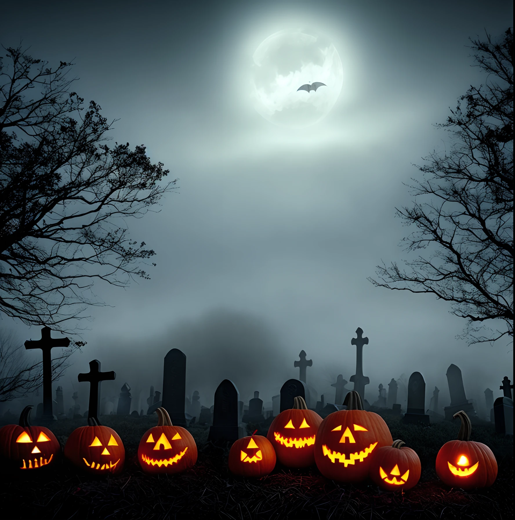 Spooky dark graveyard with ghosts and pumpkins with creepy glowing eyes and bats and fog everywhere iPhone background