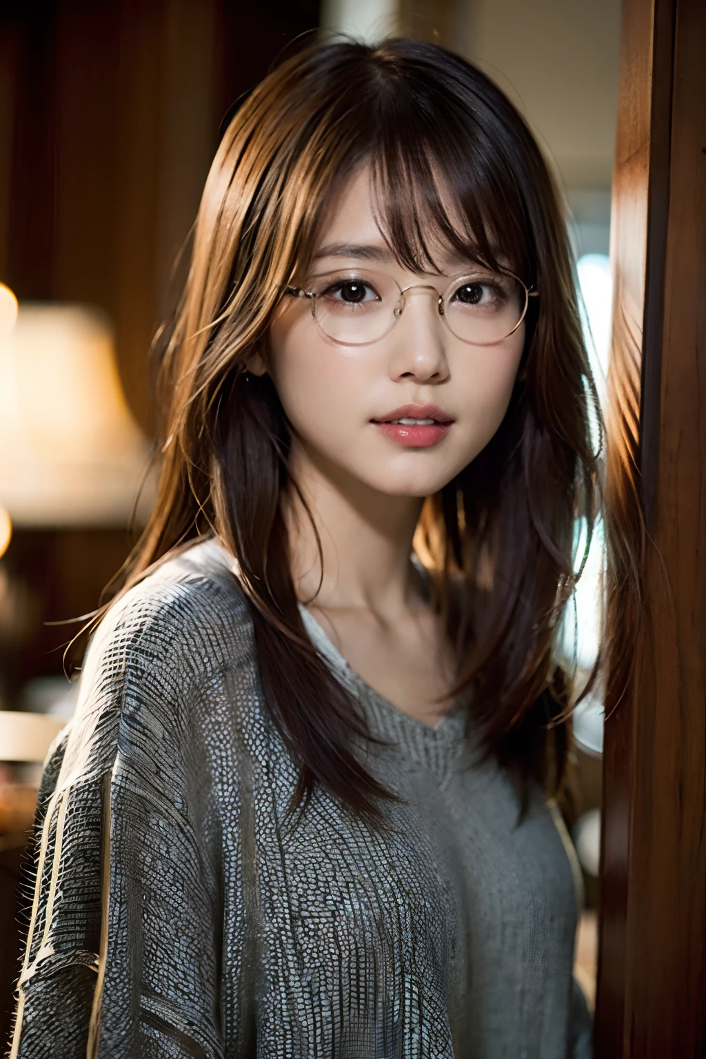 (8K、Raw photography、top-quality、masterpiece:1.2)、(realisitic、Photorealsitic:1.37)、ultra-detailliert、超A high resolution、女の子1人、see the beholder、beautifull detailed face、A smile、Constriction、Comfortable clothing、Beautiful detailed skin、Skin Texture、Floating hair、Professional Lighting、clear stream、Square glasses with black rimming、Whole human body、Brown hair、hotels room