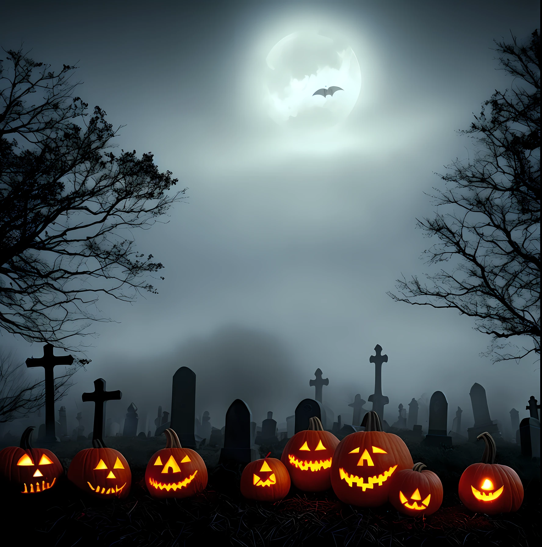 Spooky dark graveyard with ghosts and pumpkins with creepy glowing eyes and bats and fog everywhere iPhone background