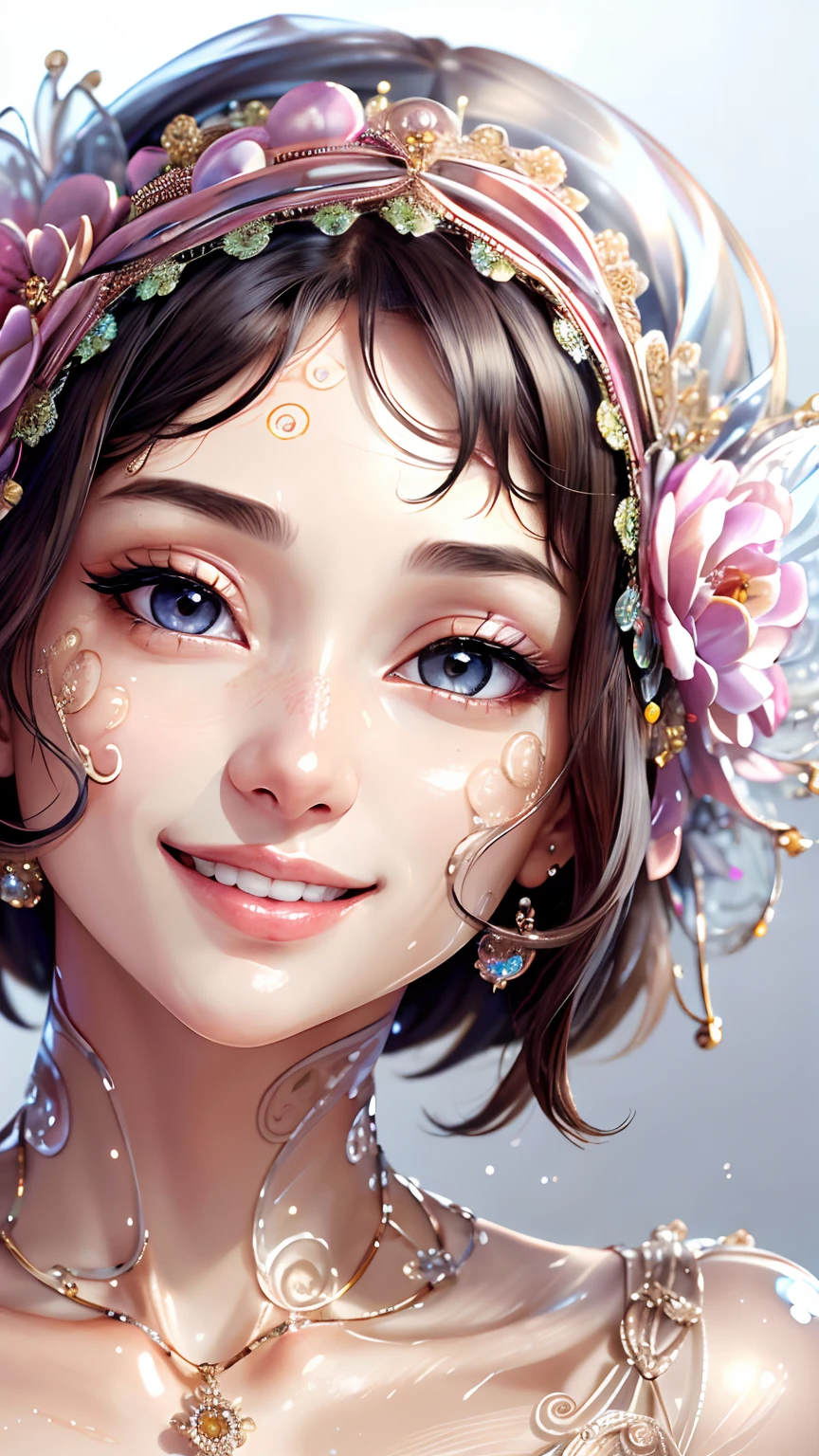 Detailed eyes, Perfect features, (masutepiece), (Best Quality:1.4), absurderes, [:Intricate details:0.2], Moist skin, Shiny skin, Glossy skin, Smile, Smile, Smile,