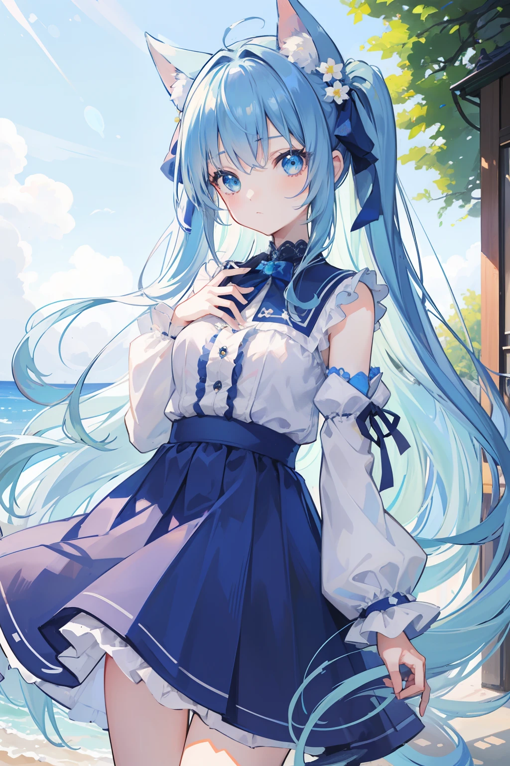 1 girl in、Blue Long Hair、Twin-tailed、Green eyes、Drawn from a specific angle、Looking at the camera、delicate finger、beautiful ilumination、fuffy dress、Navy blue skirt,Outdoor scene in the background、(High resolution of the highest quality)、((Masterpieces of the highest quality:1.2))