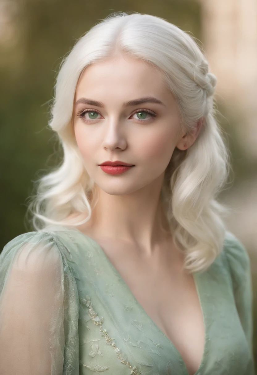 fair complexion, woman around 25 years old, natural white hair, distinctive green eyes, wearing kohl, slender and graceful, beautiful, 1940s setting, ultra sharp focus, realistic shot, 1940s female clothes, tetradic colors