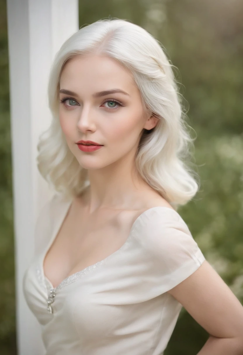 fair complexion, woman around 25 years old, natural white hair, distinctive green eyes, wearing kohl, slender and graceful, beautiful, 1940s setting, ultra sharp focus, realistic shot, 1940s female clothes, tetradic colors