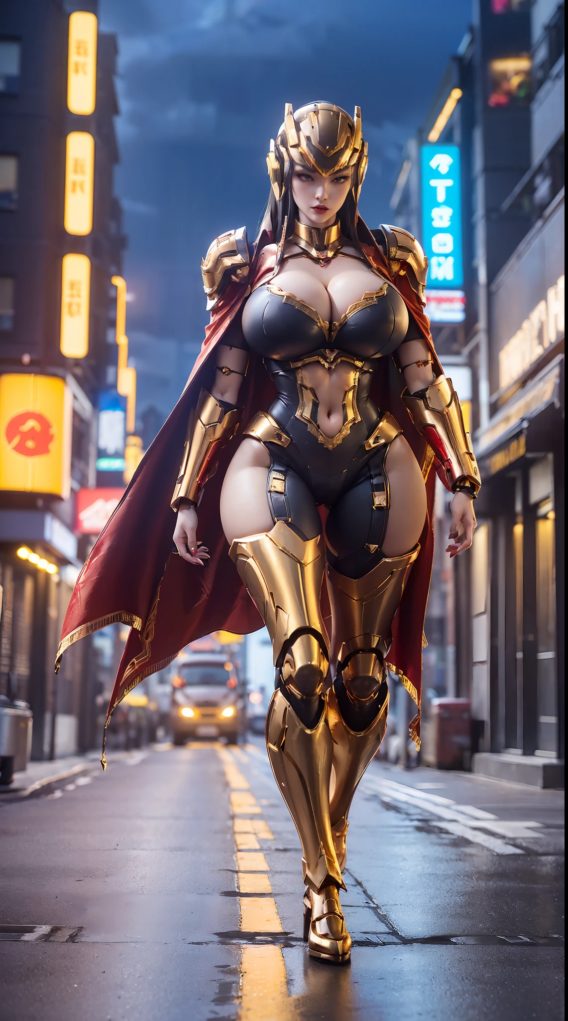 1GIRL, SOLO, (ssmile, makeup, beautifull eyes, red libs, dragon mecha helmet), (BIG BUTTOCKS, HUGE FAKE BOOBS:1.4), (GUARD MECHA ARM), (RED, BLACK, GOLD, FROM OVERWATCH, IN FUTURISTIC ARMOR, GIRL IN MECHA CYBER ARMOR, ROYAL CAPE, CLEAVAGE, SKINTIGHT YOGA PANTS, HIGH HEELS:1.4), (SLENDER BODY, SEXY LONG LEGS, FULL BODY:1.3), (LOOKING AT VIEWER:1), (WALKING DOWN ON STREET NIGHT CITY:1.3), PHYSICALLY-BASED RENDERING, ULTRA HIGHT DEFINITION, 8K, 1080P.