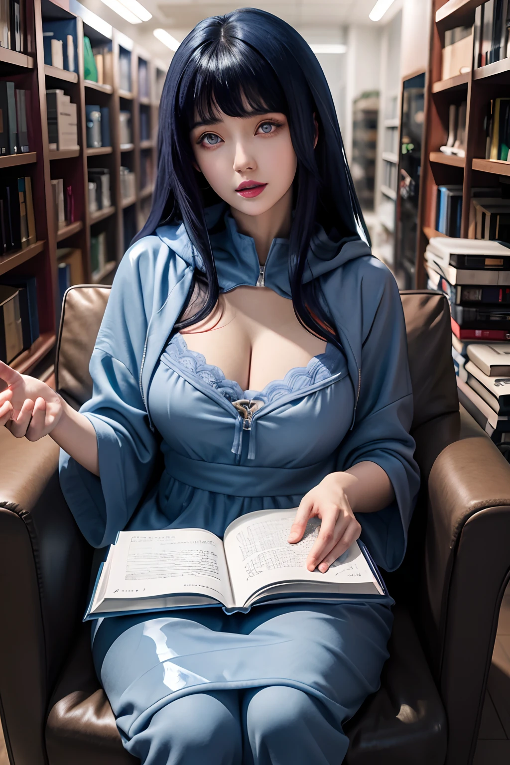 a close up of a person with long hair and a hoodie, hinata hyuga, hinata hyuga from naruto, from naruto, as an anime character, perfect anime face, she has dark blue hair with bangs, female anime character, anime character, anime best girl, hime cut hairstyle, dark blue hair, (red glossy lips:1.3), light purple eyes, big breasts, realistic, ultra detail, indoor background