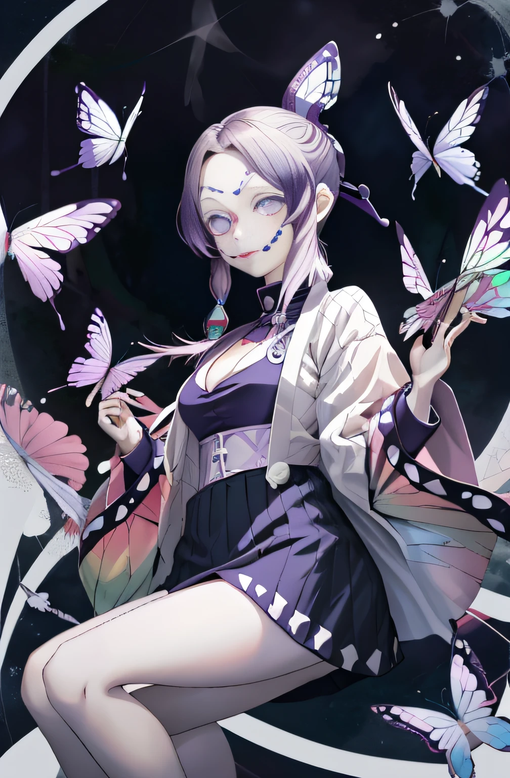 masutepiece, Best Quality, hight resolution, 1girl in, 独奏, kochou shinobu, Decorate your hair with butterflies, violet eyes, Multi-colored hair, Short hair, Parted bangs, Short shorts, Phalaenopsis Shinobu、Union of Butterfly Shinobi and Mother Spider、Female spider、Spread your legs apart, skirt by the, Turtleneck Top, outside of house, Erotica, Emphasis on the chest, knit