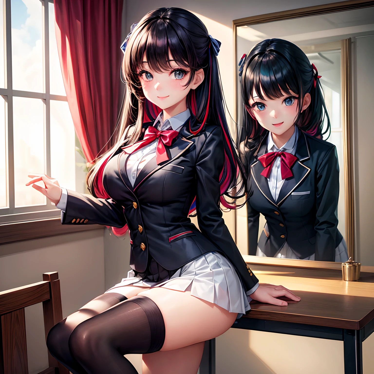 Rin Tohsaka, Rin Tohsaka, aqua eyes, Black hair, Hair Ribbon, Long hair, bow ribbon, (side locks:1.3), (black thighhighs:1.3), looking at the viewers, BREAK (masutepiece:1.2), Best Quality, High resolution, Unity 8k壁纸, (Illustration:0.8), (Beautiful detailed eyes:1.6), extra detailed face, Perfect Lighting, extremely details CG, (Perfect hands, Perfect Anatomy),,cowboy shot、(white shirt:1.5)、(Office Lady:1.3)、Miniskirts、((Black skirt:1.5))、s Office、Jacket, Formal, Suit, pencil skirts, Skirt suit、(cleavage of the breast),A smile、Sitting on a chair、(white panties:1.3)