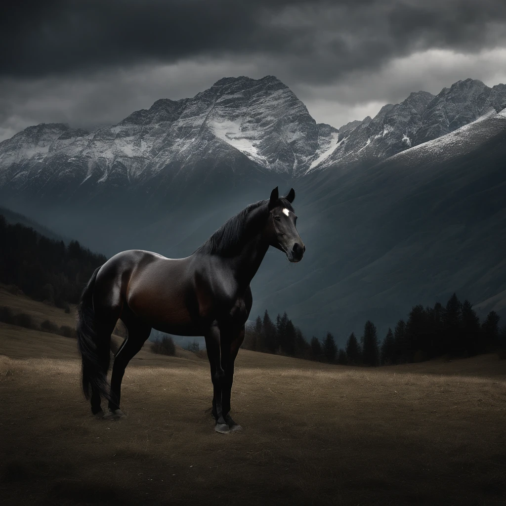 A black horse standing majestically amidst the dark atmosphere of the Caucasus mountains. The horse has a glossy black coat that shimmers in the dim light. Its muscular body is outlined against the misty backdrop of the mountains. The horse's eyes, full of mystery and power, are beautifully detailed, capturing the viewer's attention. The landscape, enveloped in shadows, adds to the sense of mystery and intrigue. The image quality is of the highest standard, with ultra-detailed features and realistic depiction. The masterpiece-quality artwork showcases the horse's strength and elegance in great detail. The color palette is dominated by deep, rich hues, emphasizing the dark atmosphere. Soft, natural lighting accentuates the horse's striking features and highlights its majestic presence.